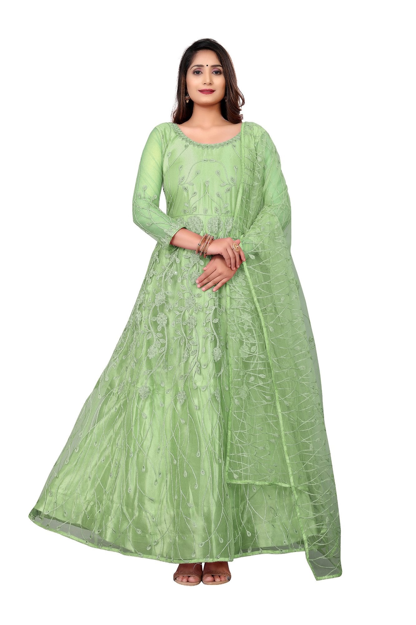 Parrot Green Net Anarkali Suit