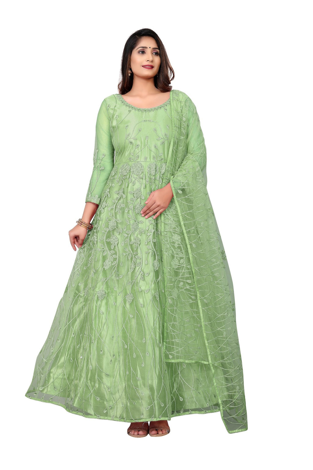 Parrot Green Net Anarkali Suit
