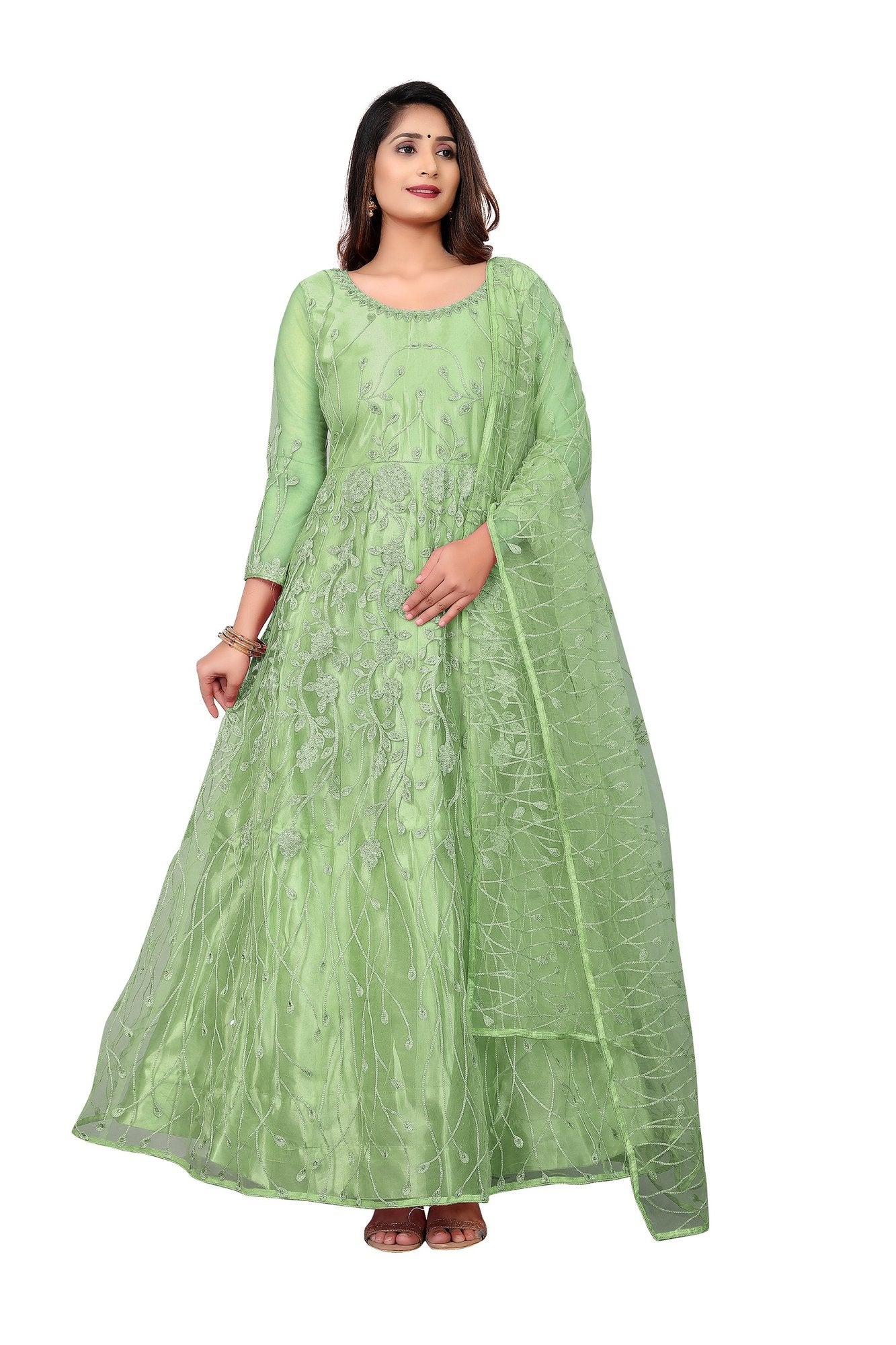 Parrot Green Net Anarkali Suit