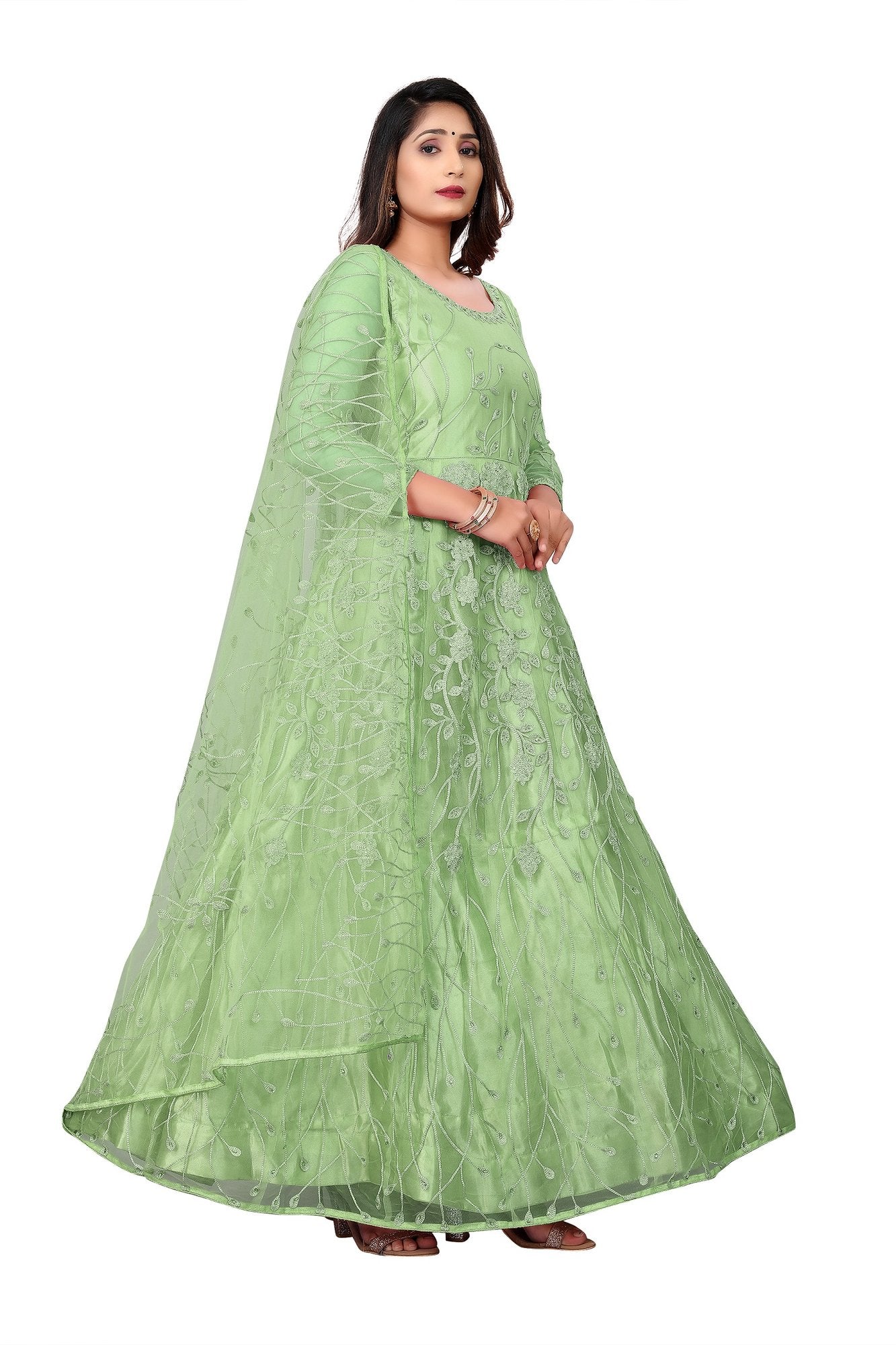 Parrot Green Net Anarkali Suit