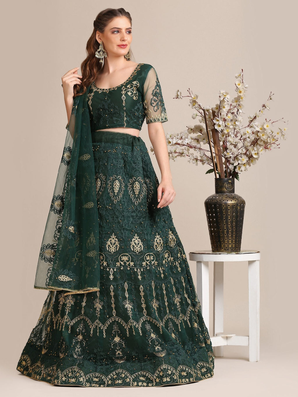 Green Silk Lehenga with Zari & Thread Embroidery work for Bridal & Festive Occasion Stitched lehenga Set
