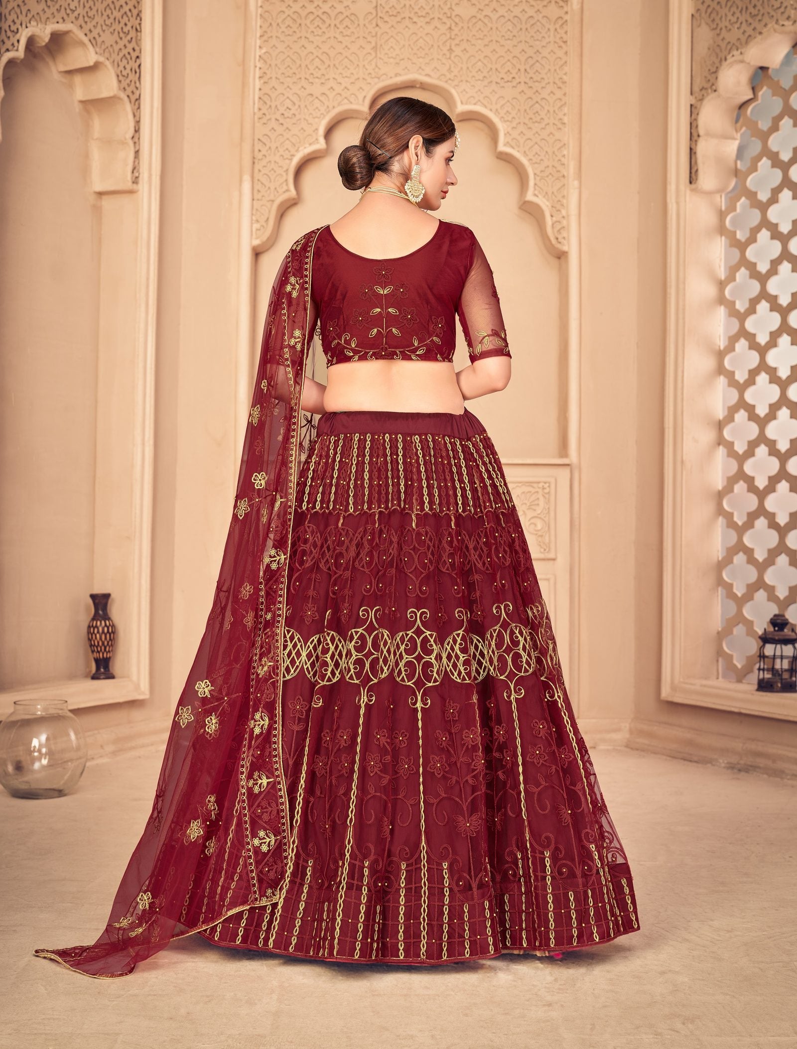 Maroon Net Lehenga Choli with Zari & Thread Embroidery Work, Stitched Lehanga set for Bridal & Wedding Occasion Wear