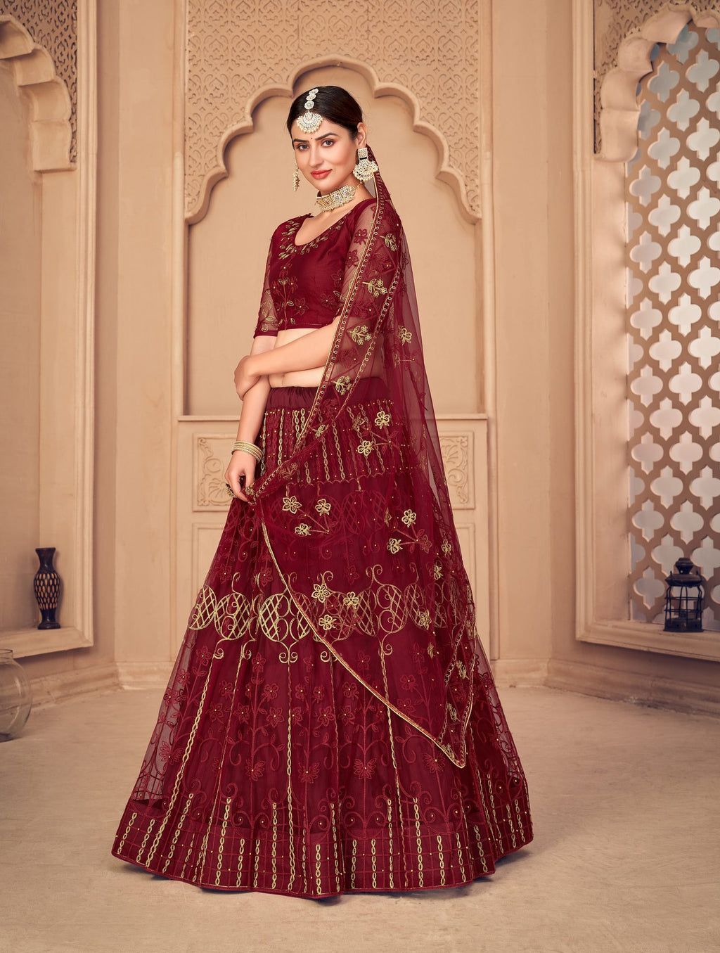 Maroon Net Lehenga Choli with Zari & Thread Embroidery Work, Stitched Lehanga set for Bridal & Wedding Occasion Wear