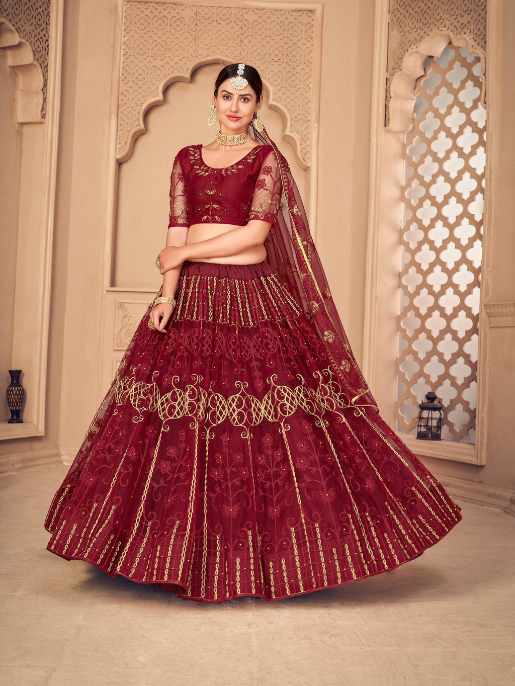 Maroon Net Lehenga Choli with Zari & Thread Embroidery Work, Stitched Lehanga set for Bridal & Wedding Occasion Wear