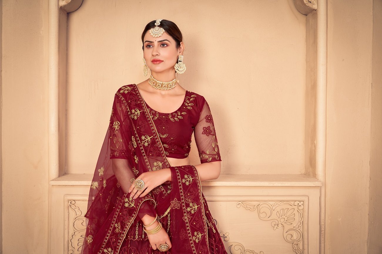 Maroon Net Lehenga Choli with Zari & Thread Embroidery Work, Stitched Lehanga set for Bridal & Wedding Occasion Wear