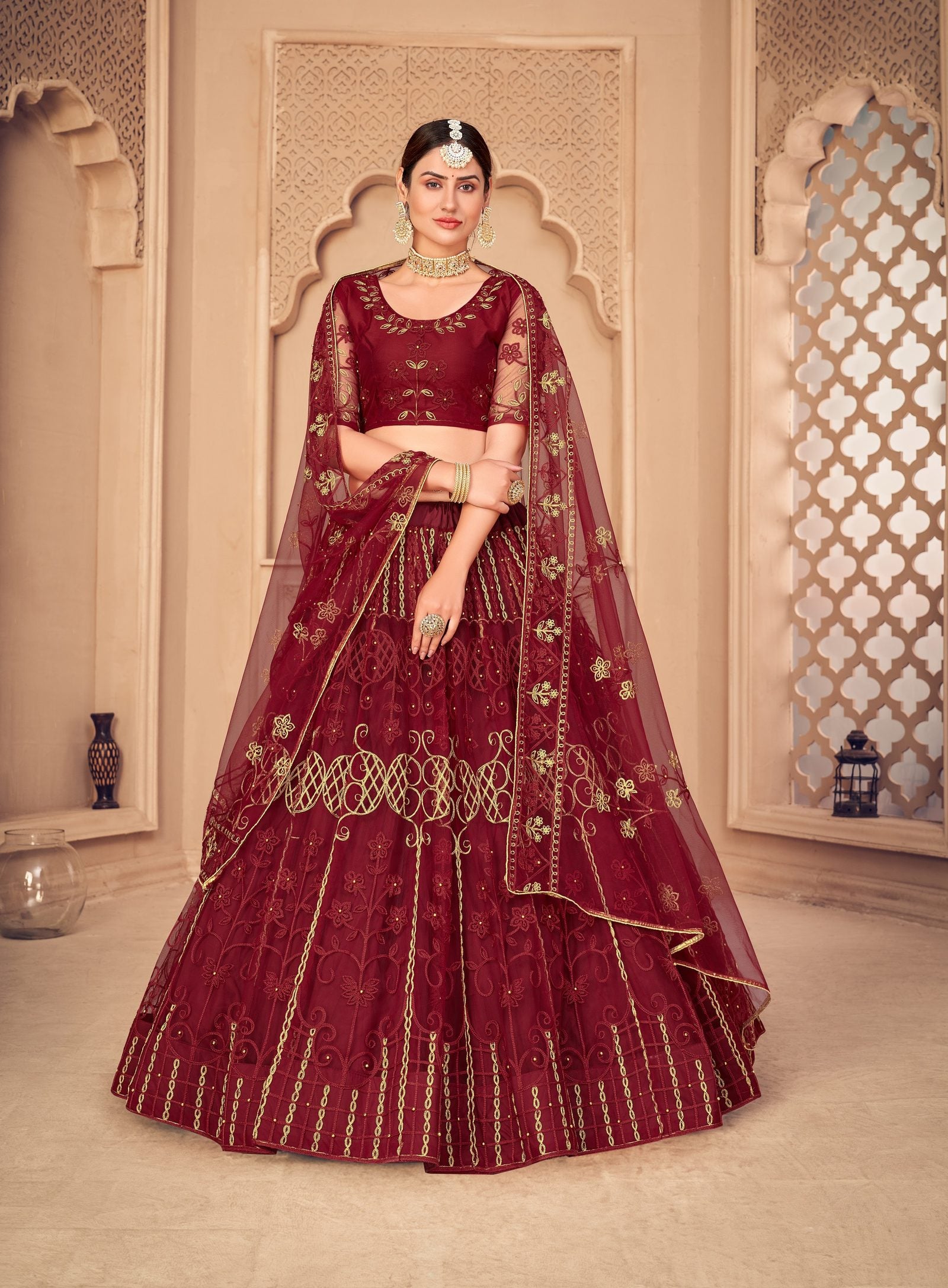 Maroon Net Lehenga Choli with Zari & Thread Embroidery Work, Stitched Lehanga set for Bridal & Wedding Occasion Wear