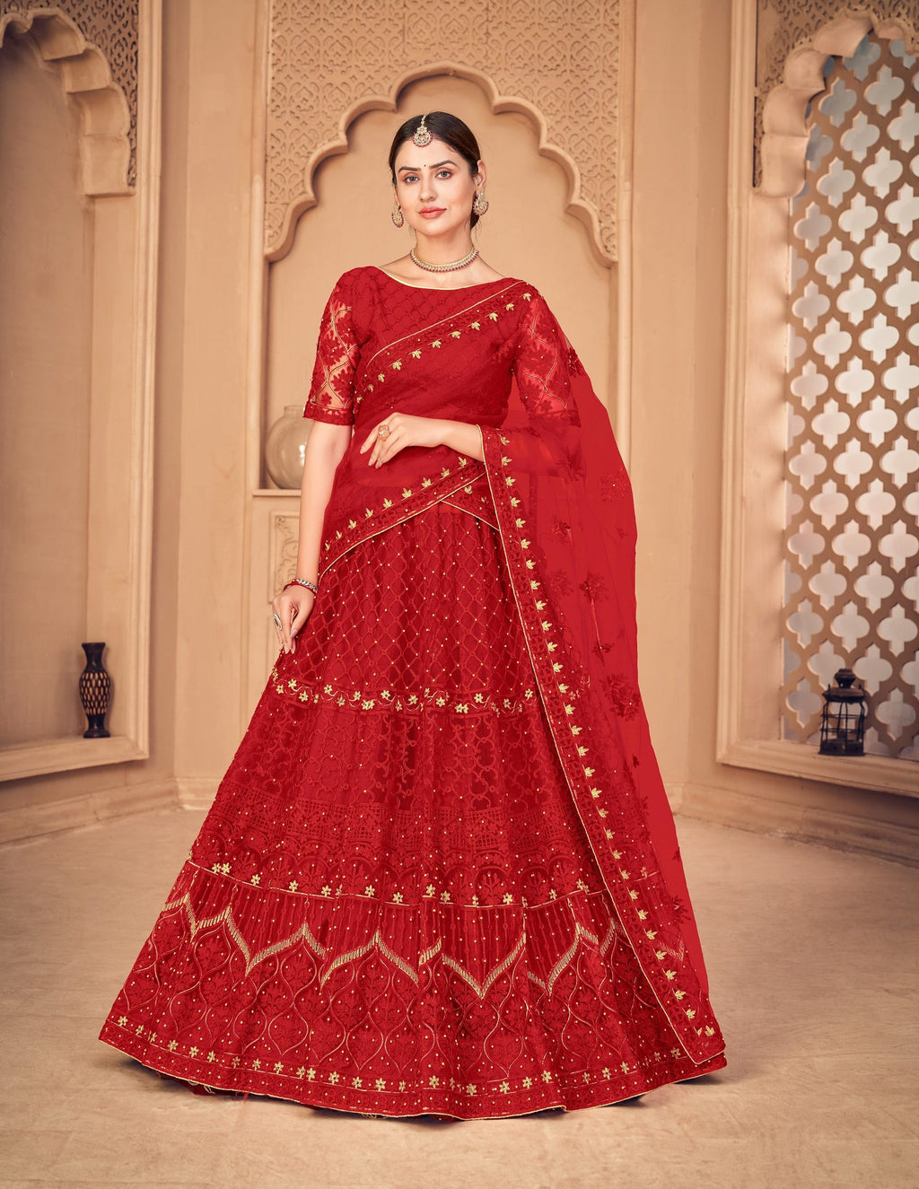 Red Net Lehenga with Zari & Thread Embroidery Work, Traditional style Semi-Stitched lehenga set for Festive & Wedding Wear