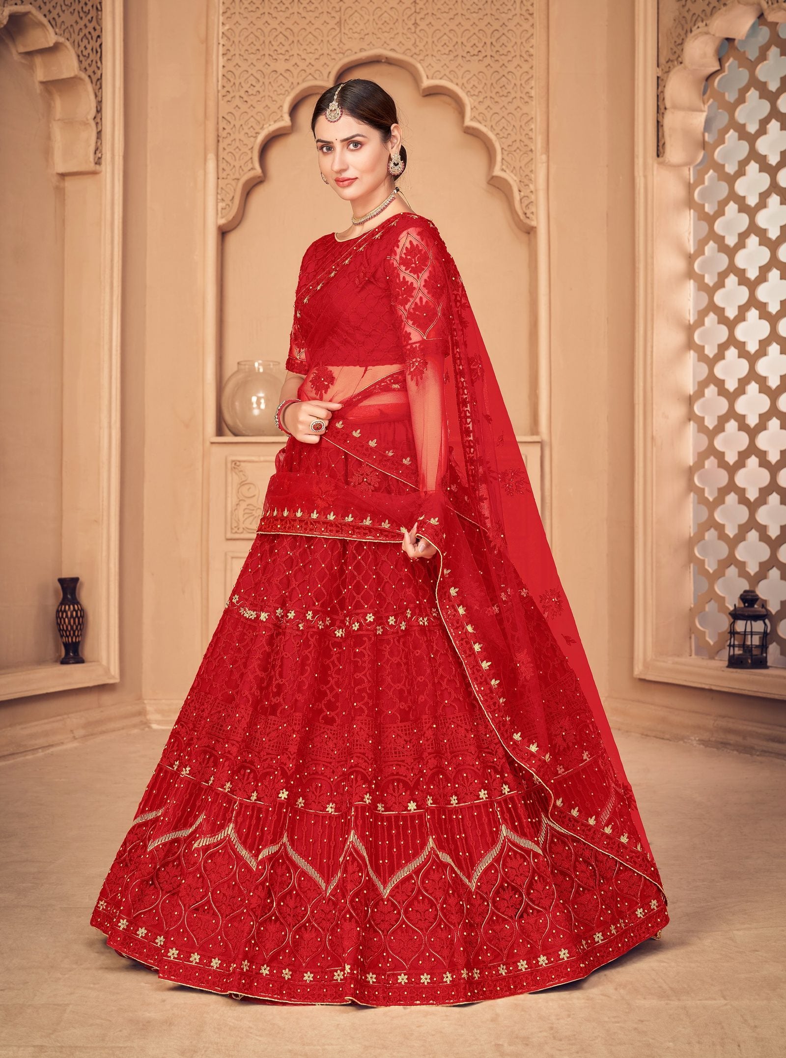 Red Net Lehenga with Zari & Thread Embroidery Work, Traditional style Semi-Stitched lehenga set for Festive & Wedding Wear