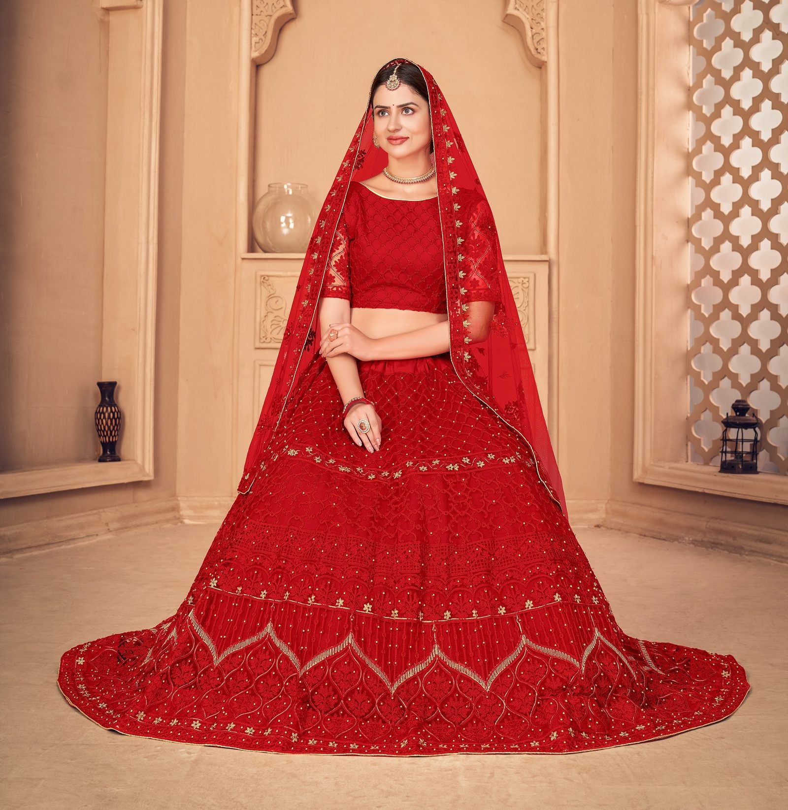 Red Net Lehenga with Zari & Thread Embroidery Work, Traditional style Semi-Stitched lehenga set for Festive & Wedding Wear