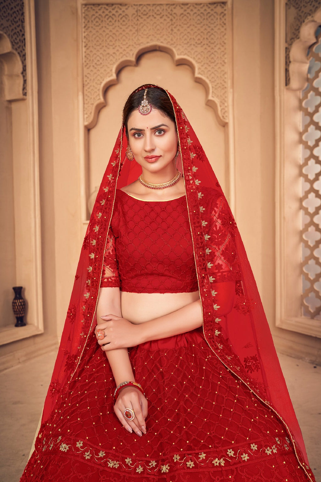 Red Net Lehenga with Zari & Thread Embroidery Work, Traditional style Semi-Stitched lehenga set for Festive & Wedding Wear