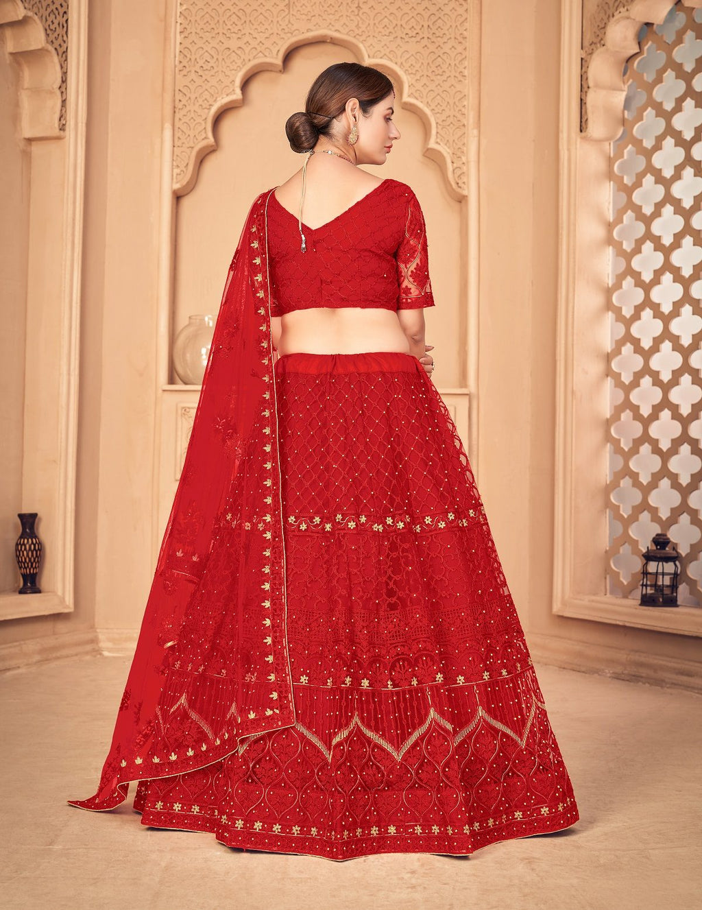 Red Net Lehenga with Zari & Thread Embroidery Work, Traditional style Semi-Stitched lehenga set for Festive & Wedding Wear