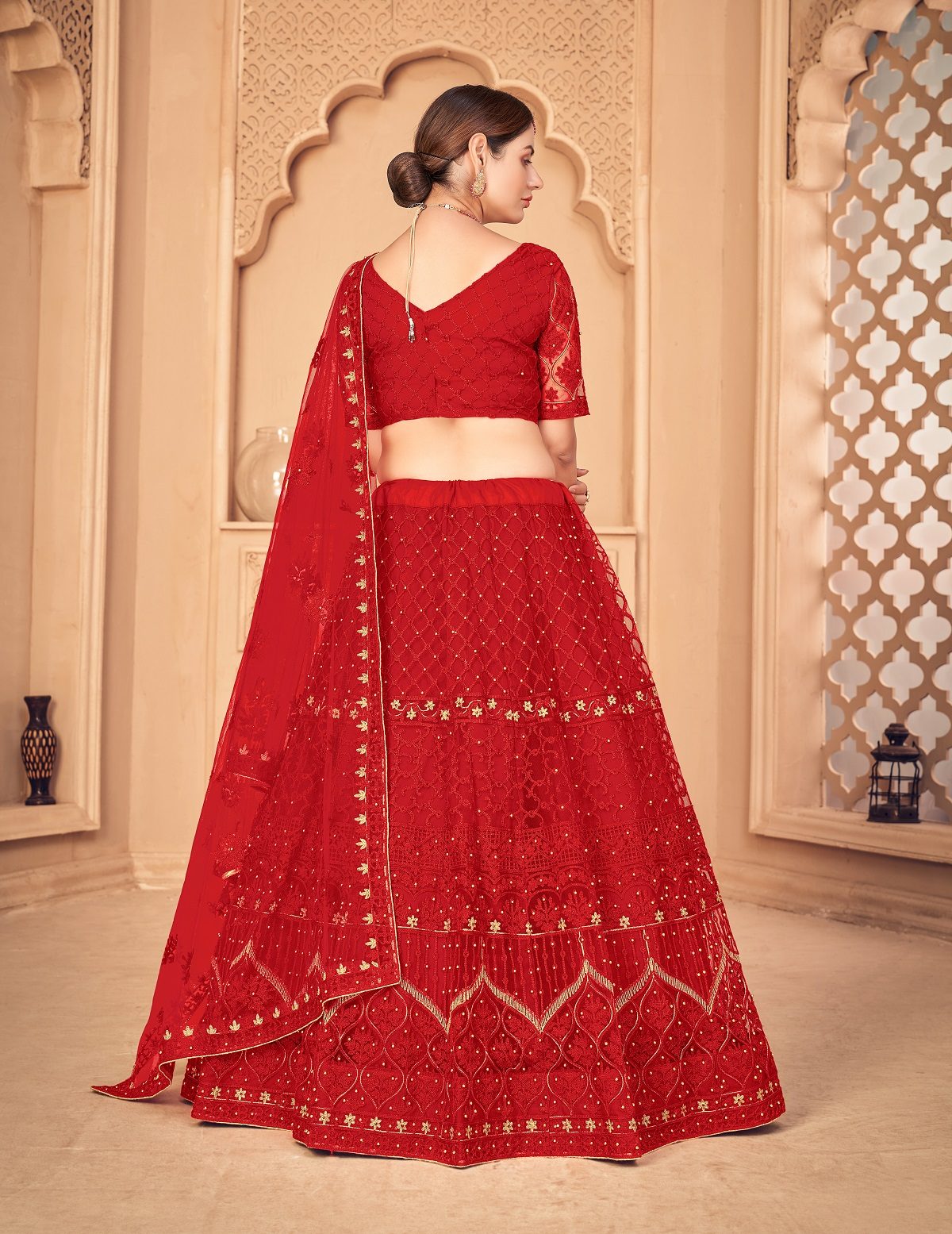 Red Net Lehenga with Zari & Thread Embroidery Work, Traditional style Semi-Stitched lehenga set for Festive & Wedding Wear