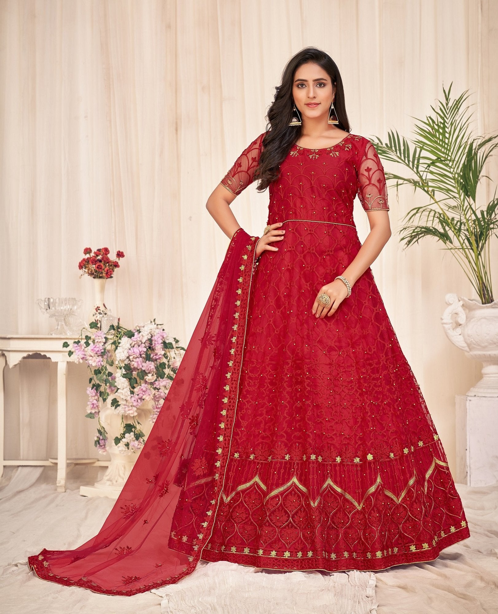 Red Net Anarkali Suit