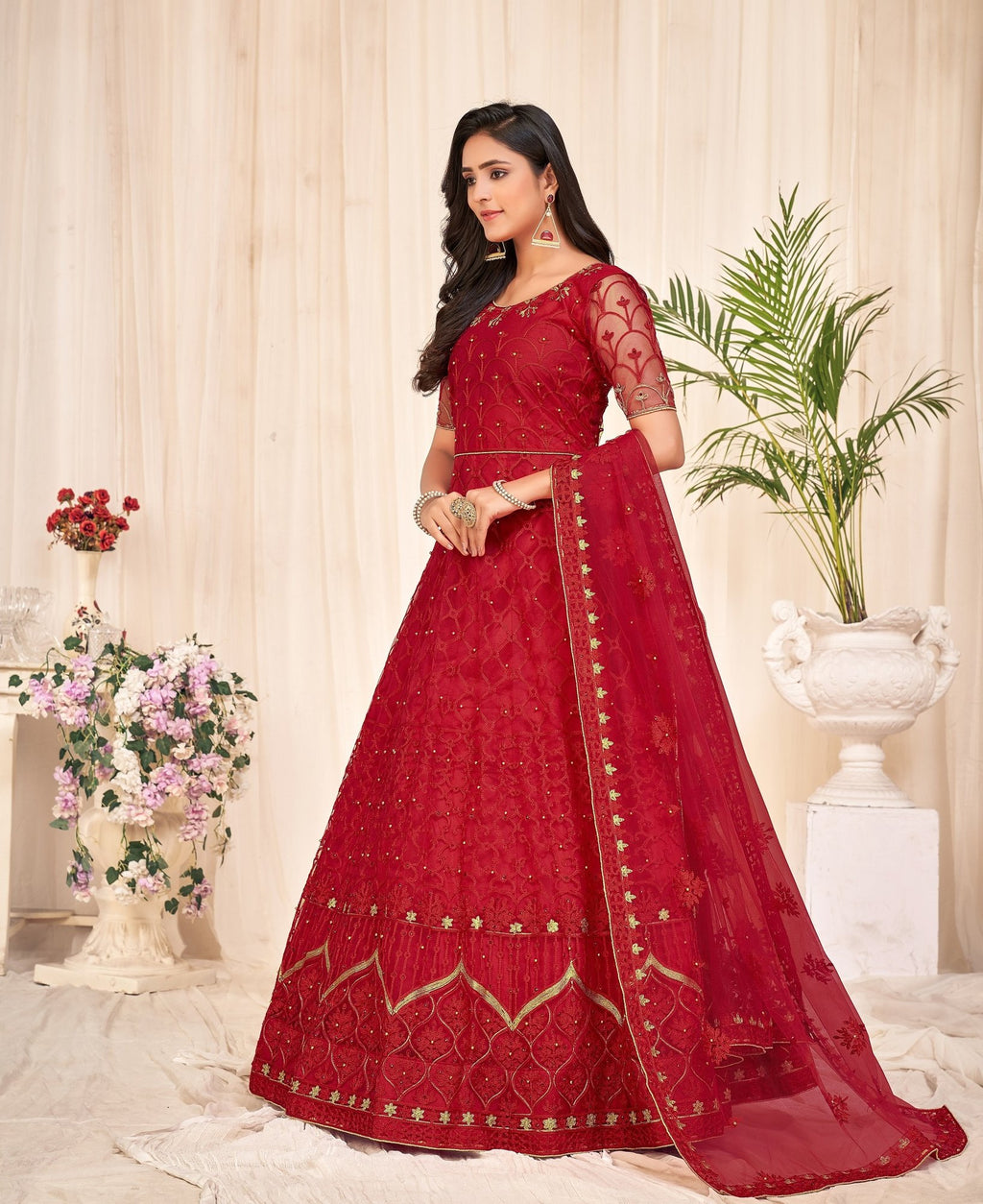 Red Net Anarkali Suit