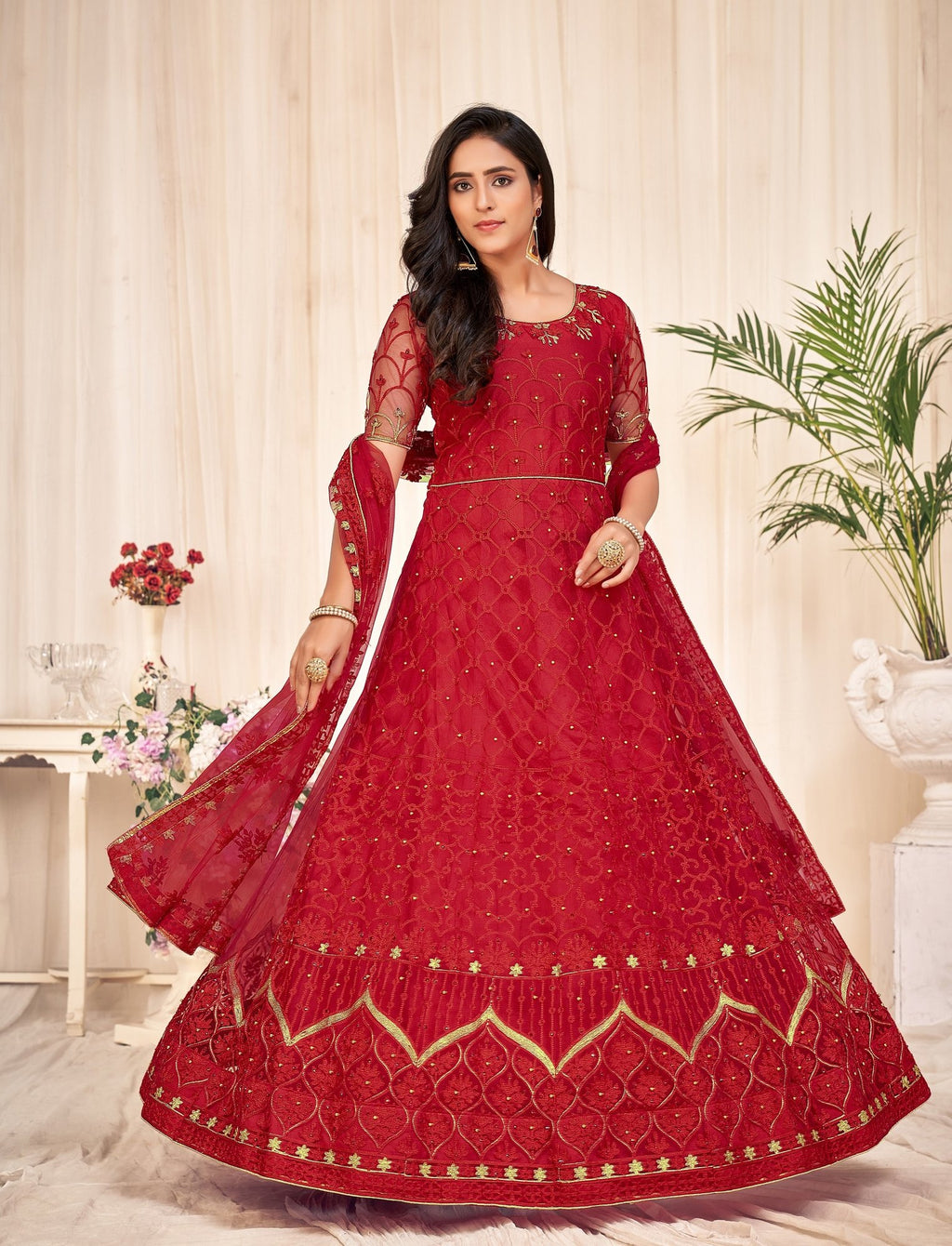 Red Net Anarkali Suit