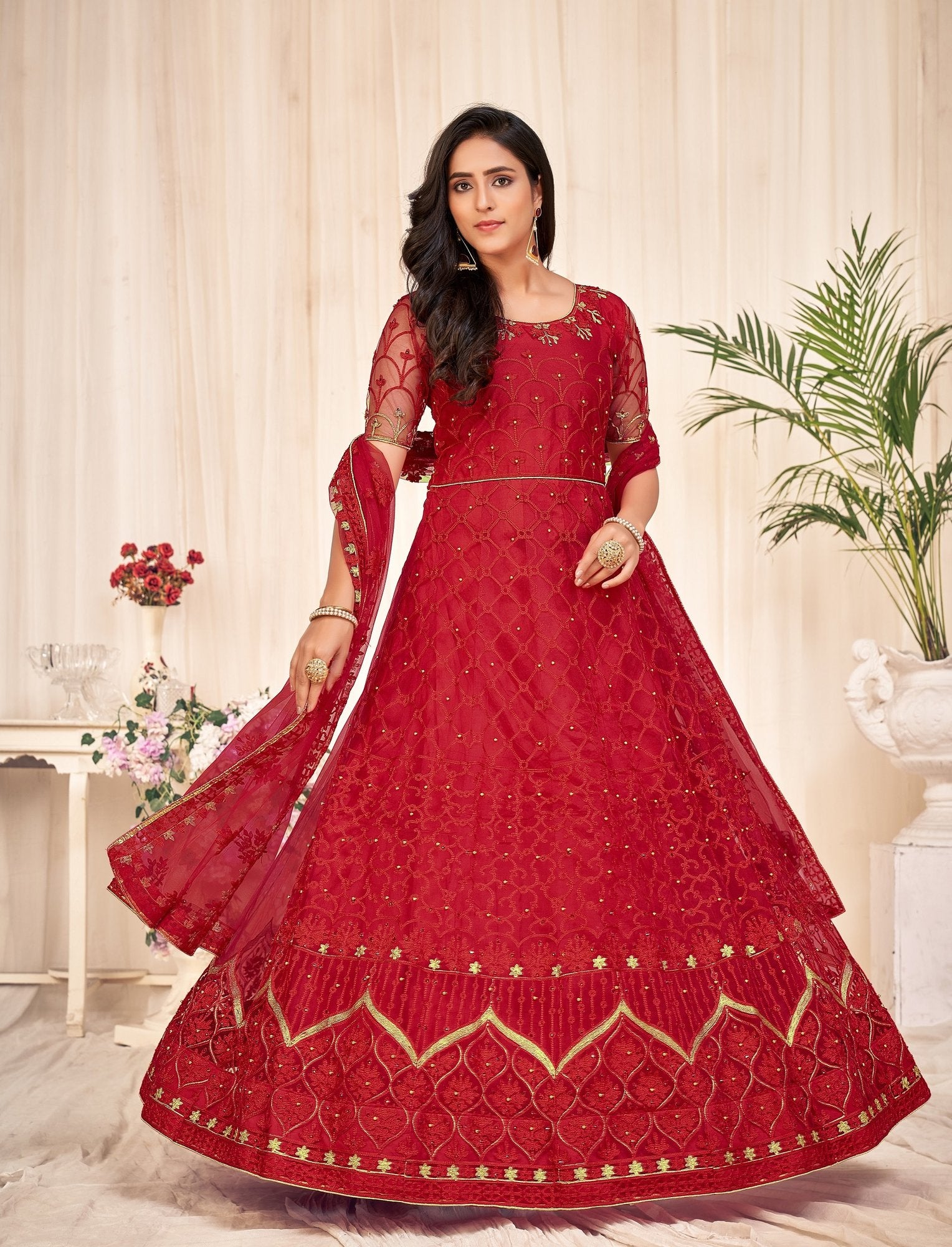 Red Net Anarkali Suit