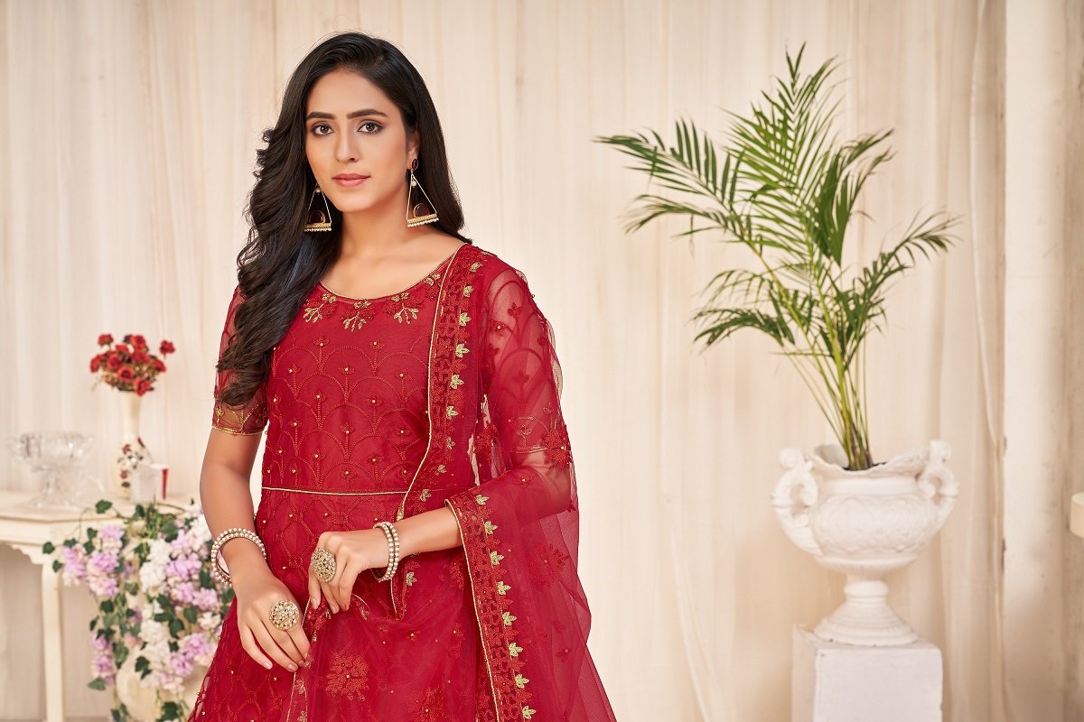 Red Net Anarkali Suit