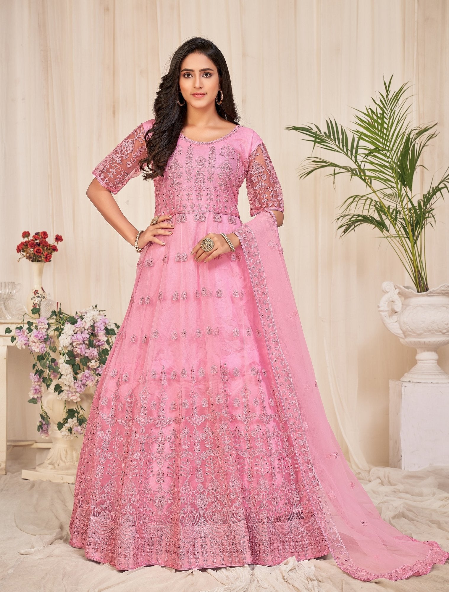 Dusty Pink Net Anarkali Suit