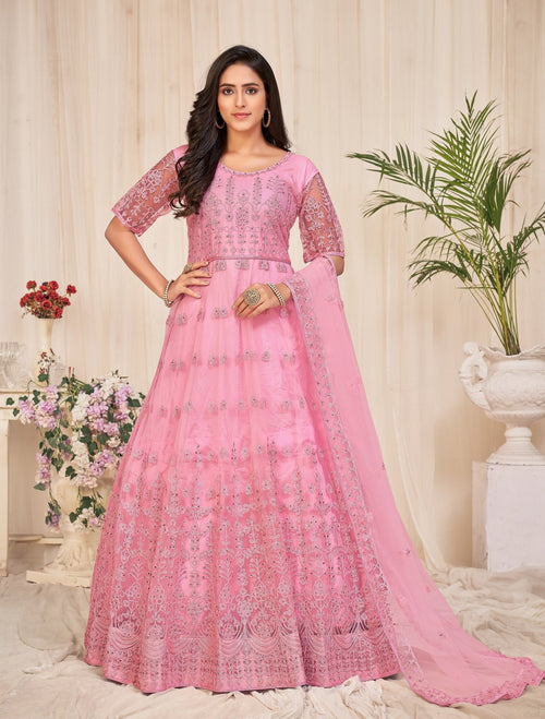 Dusty Pink Net Anarkali Suit