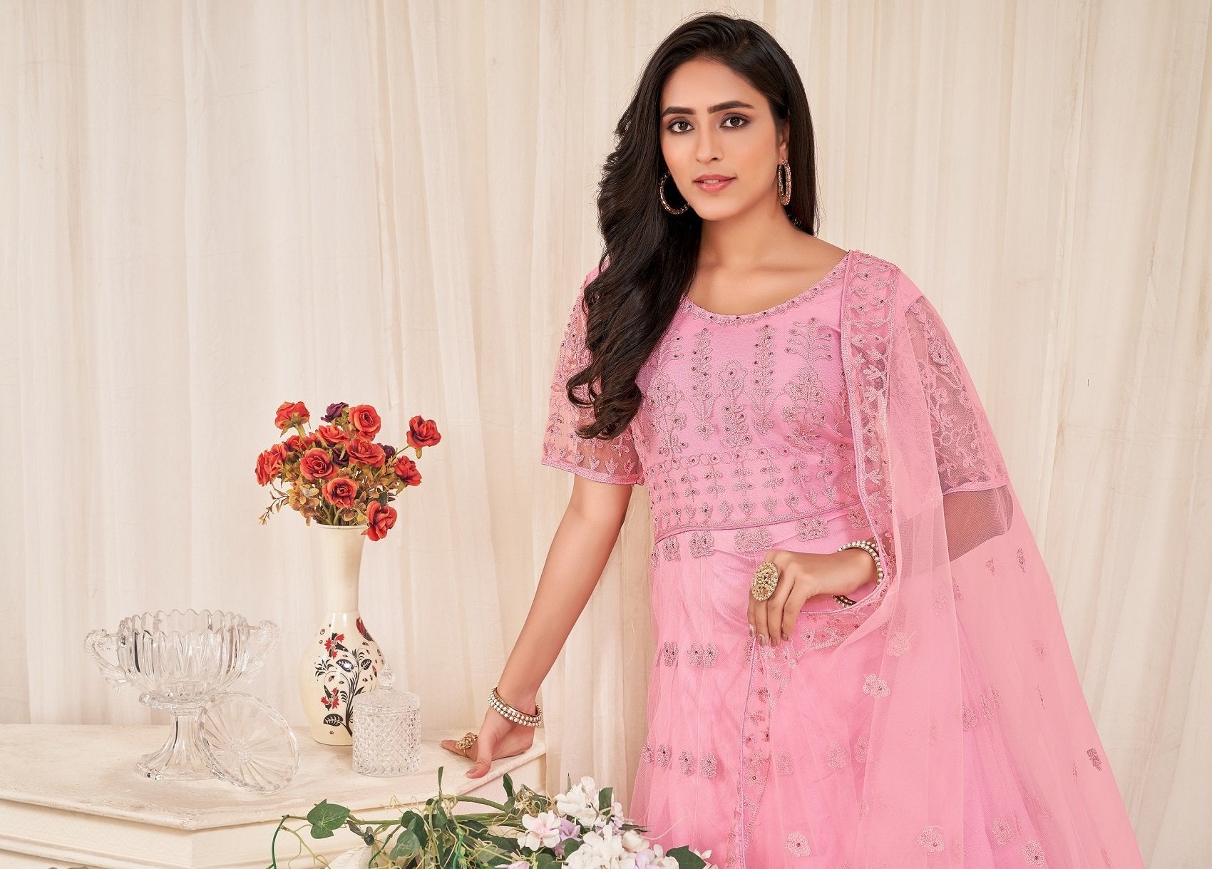 Dusty Pink Net Anarkali Suit