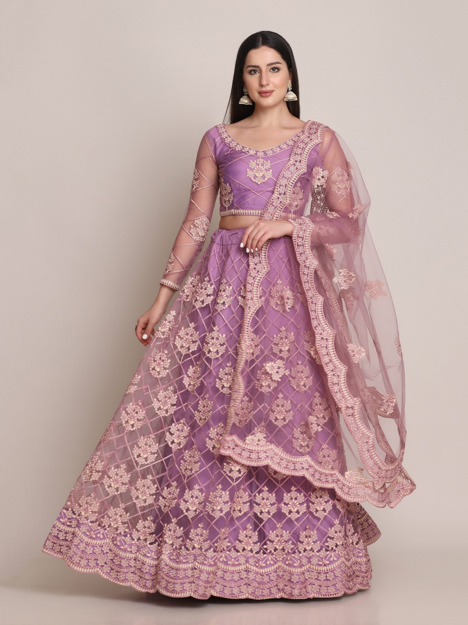 Purple Net Embroidered Lehenga Choli with Dupatta set Heavy Zari & Thread Work for Festive & Wedding Wear