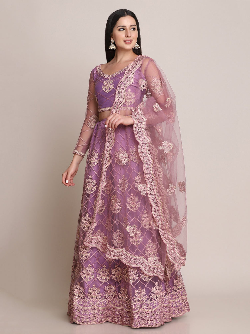 Purple Net Embroidered Lehenga Choli with Dupatta set Heavy Zari & Thread Work for Festive & Wedding Wear