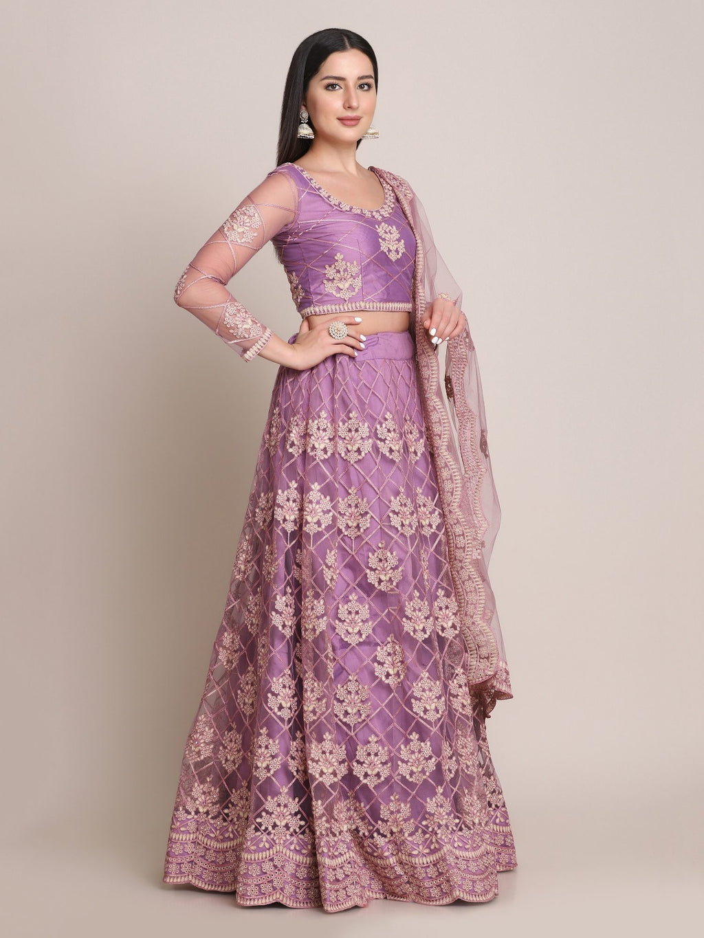Purple Net Embroidered Lehenga Choli with Dupatta set Heavy Zari & Thread Work for Festive & Wedding Wear