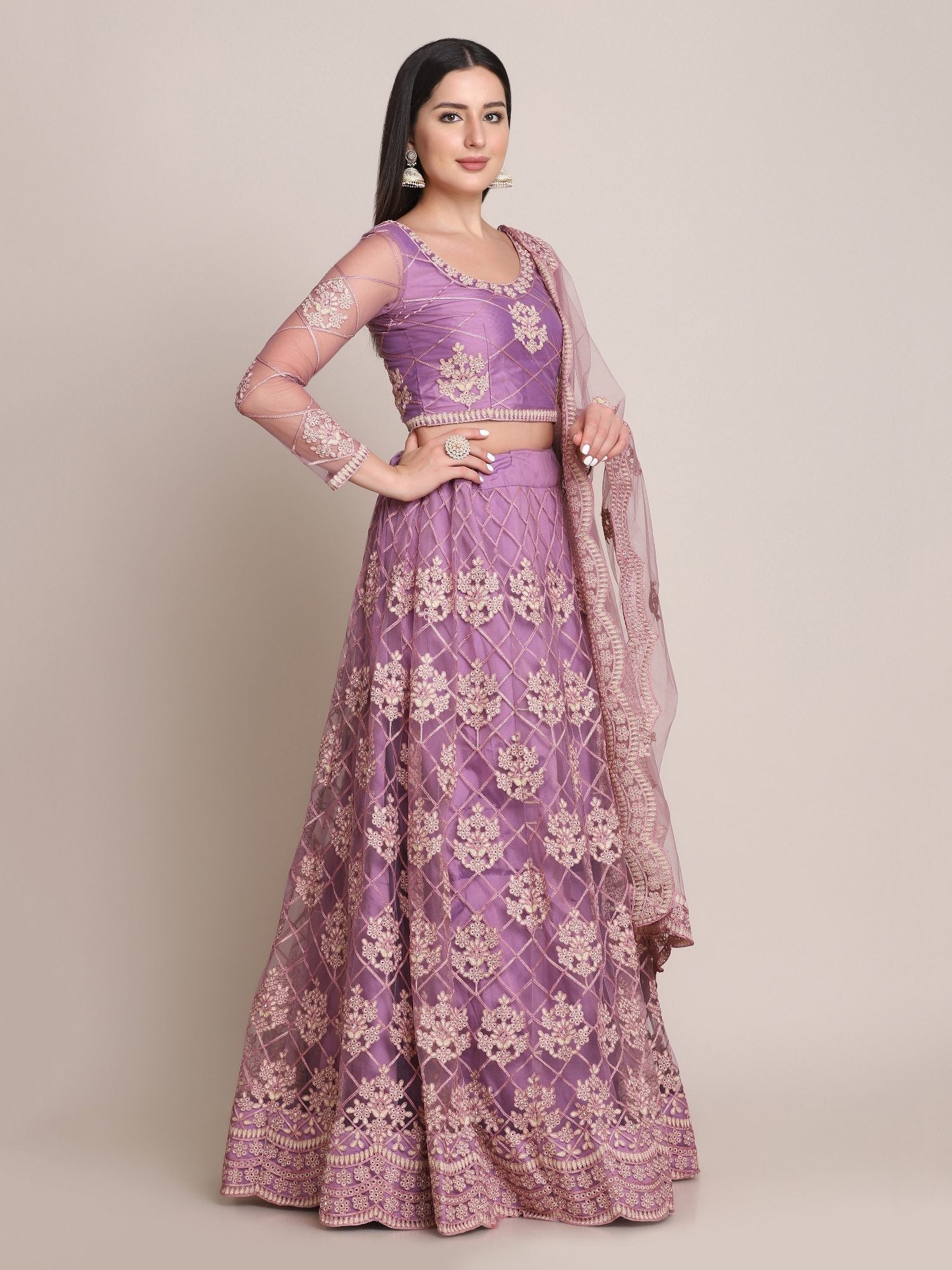Purple Net Embroidered Lehenga Choli with Dupatta set Heavy Zari & Thread Work for Festive & Wedding Wear