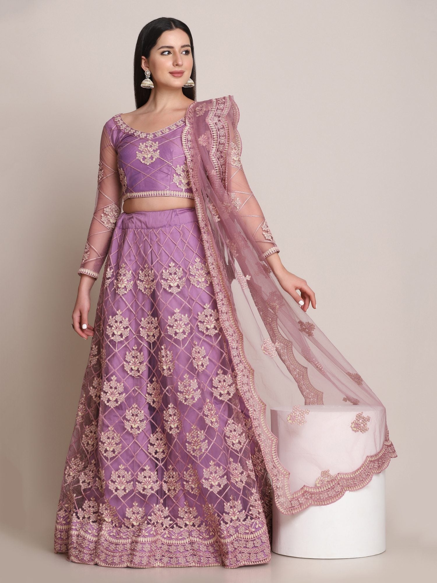 Purple Net Embroidered Lehenga Choli with Dupatta set Heavy Zari & Thread Work for Festive & Wedding Wear