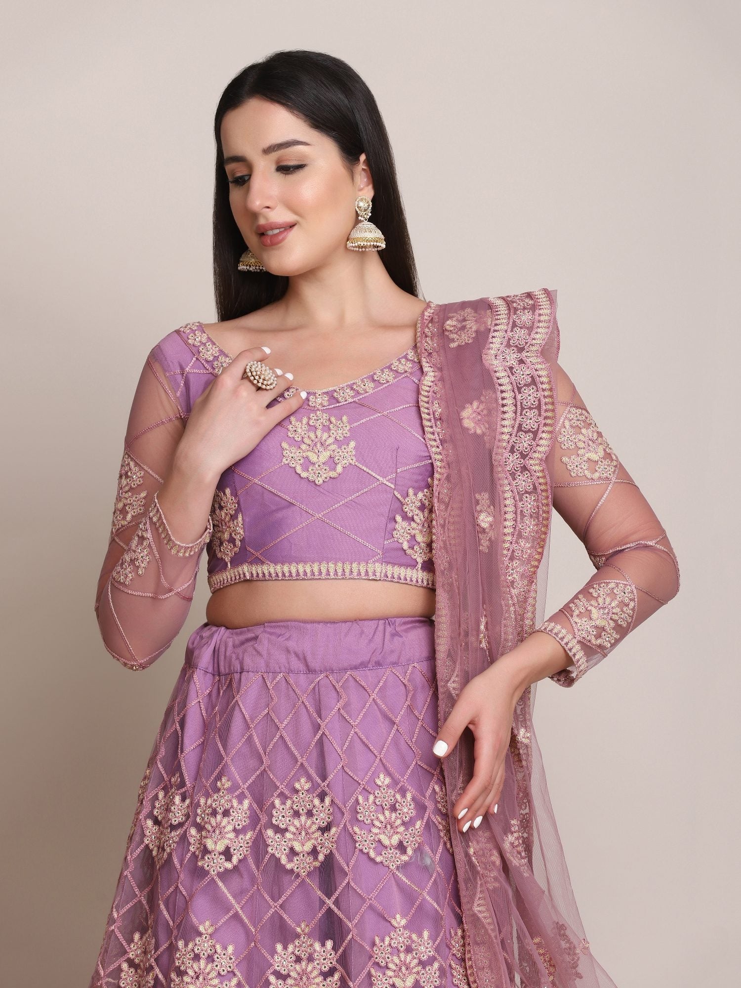 Purple Net Embroidered Lehenga Choli with Dupatta set Heavy Zari & Thread Work for Festive & Wedding Wear