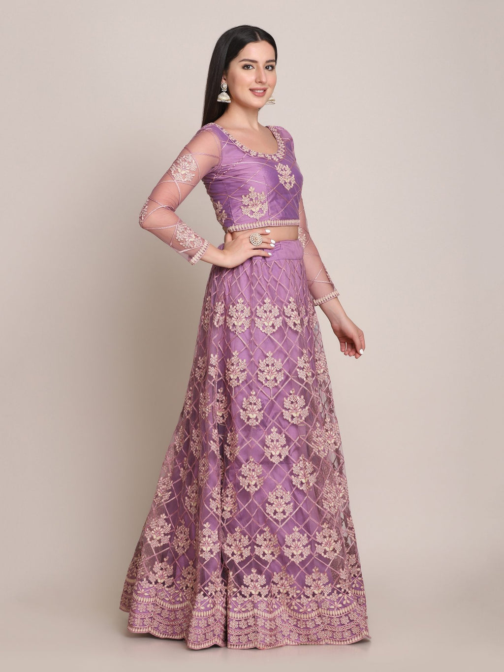 Purple Net Embroidered Lehenga Choli with Dupatta set Heavy Zari & Thread Work for Festive & Wedding Wear