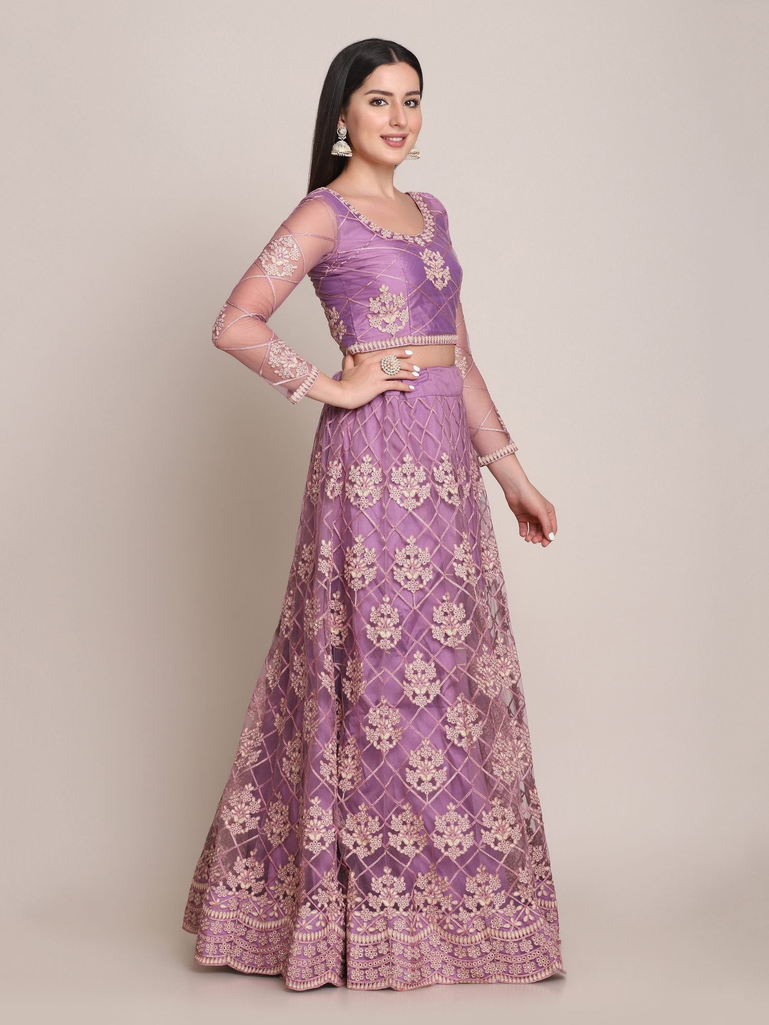 Purple Net Embroidered Lehenga Choli with Dupatta set Heavy Zari & Thread Work for Festive & Wedding Wear