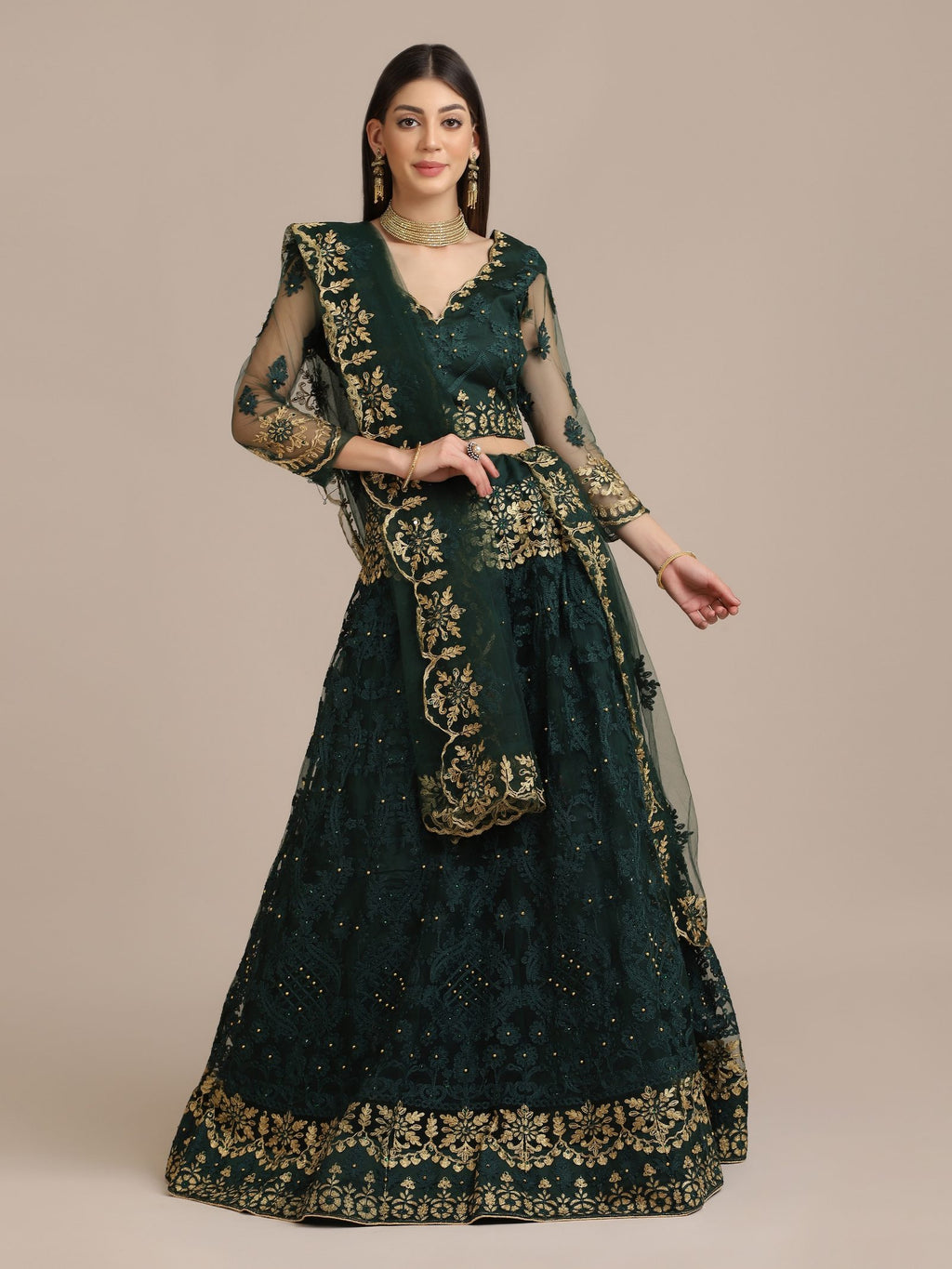 Green Net Embroidered Lehenga Choli with Dupatta Set Heavy Zari & Sequin Work for Bridal & Festive Wear