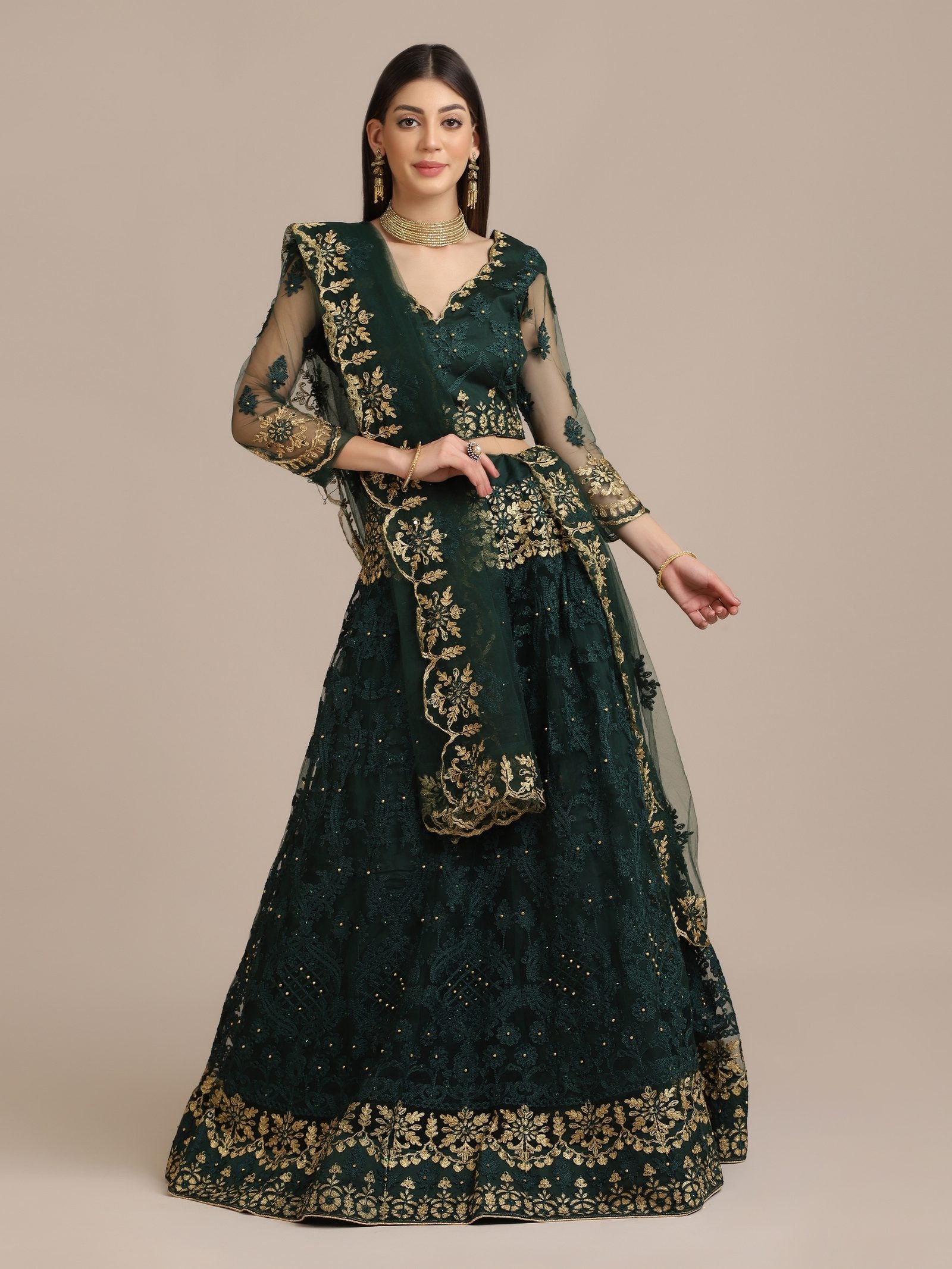 Green Net Embroidered Lehenga Choli with Dupatta Set Heavy Zari & Sequin Work for Bridal & Festive Wear