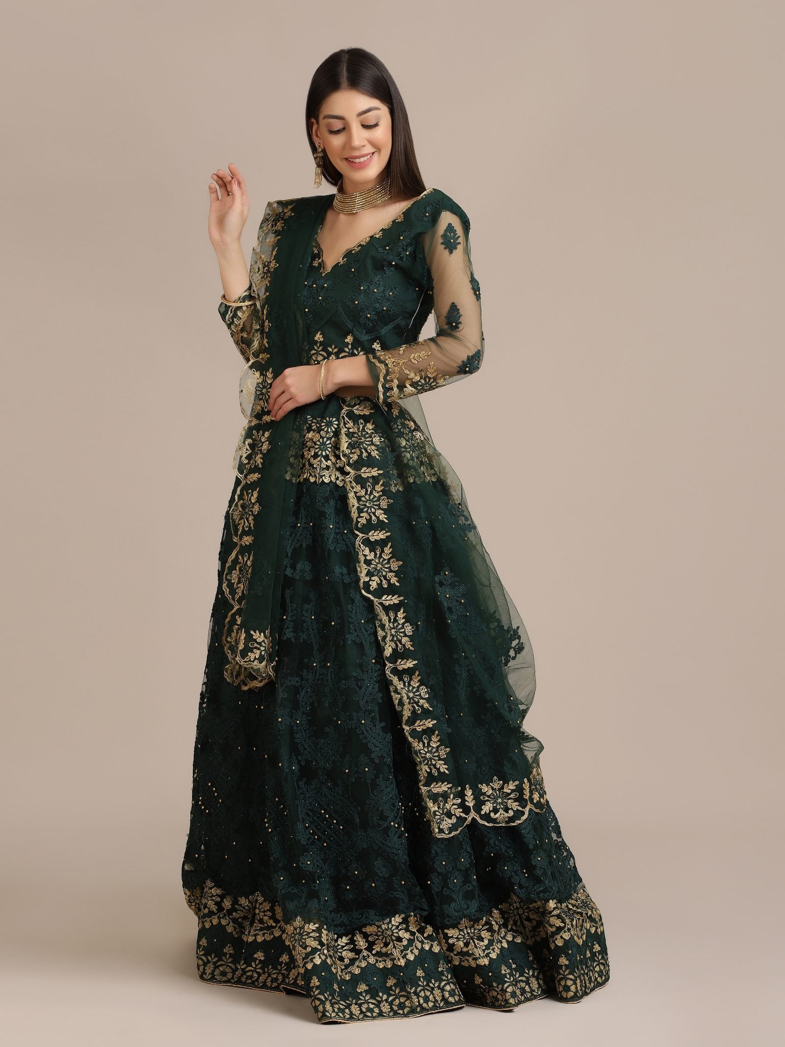 Green Net Embroidered Lehenga Choli with Dupatta Set Heavy Zari & Sequin Work for Bridal & Festive Wear