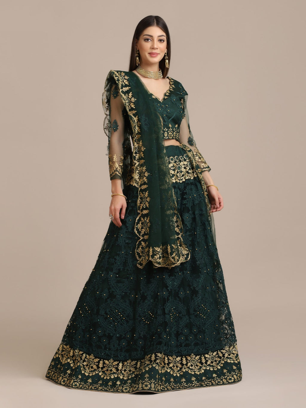 Green Net Embroidered Lehenga Choli with Dupatta Set Heavy Zari & Sequin Work for Bridal & Festive Wear
