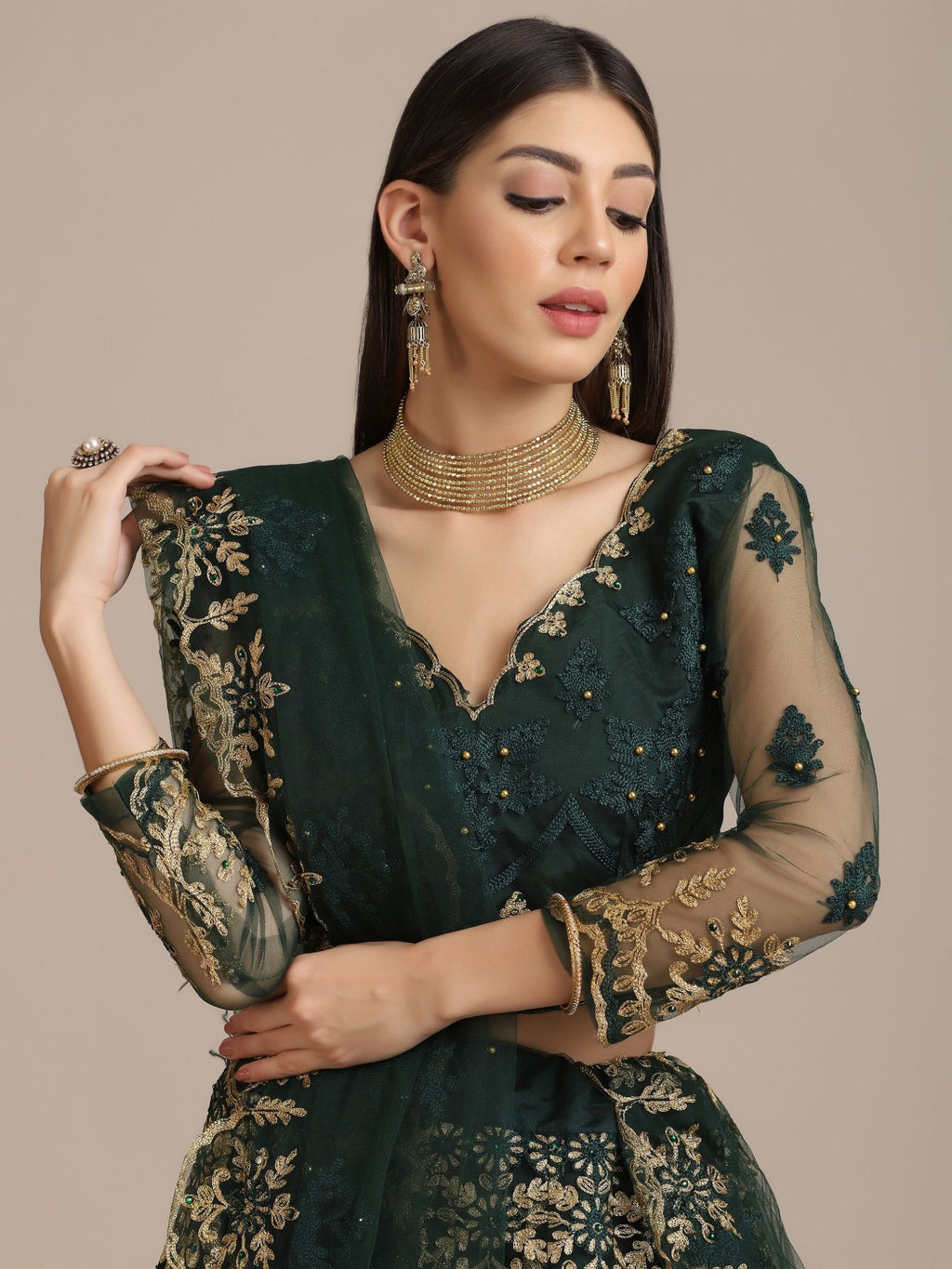 Green Net Embroidered Lehenga Choli with Dupatta Set Heavy Zari & Sequin Work for Bridal & Festive Wear