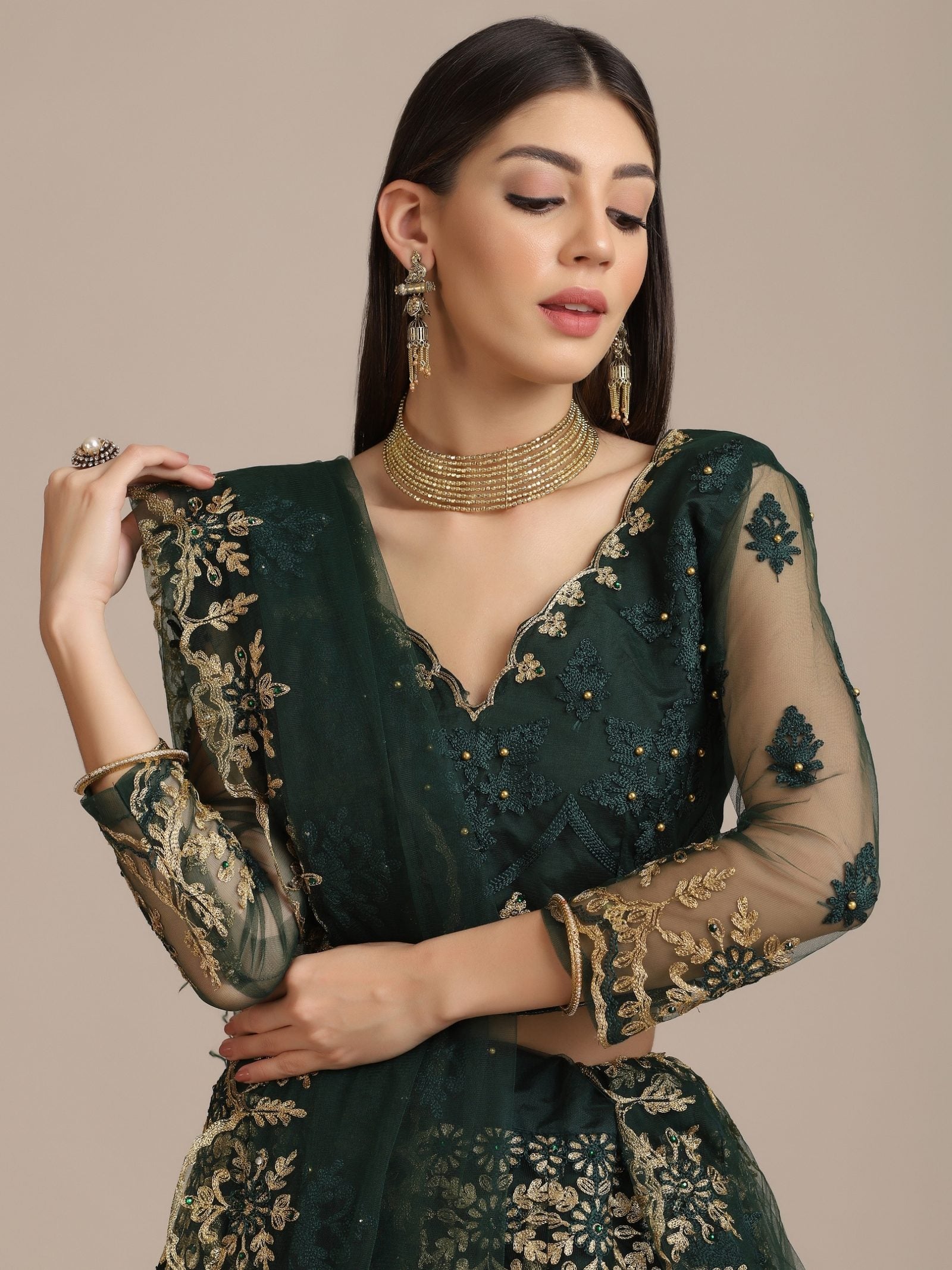 Green Net Embroidered Lehenga Choli with Dupatta Set Heavy Zari & Sequin Work for Bridal & Festive Wear