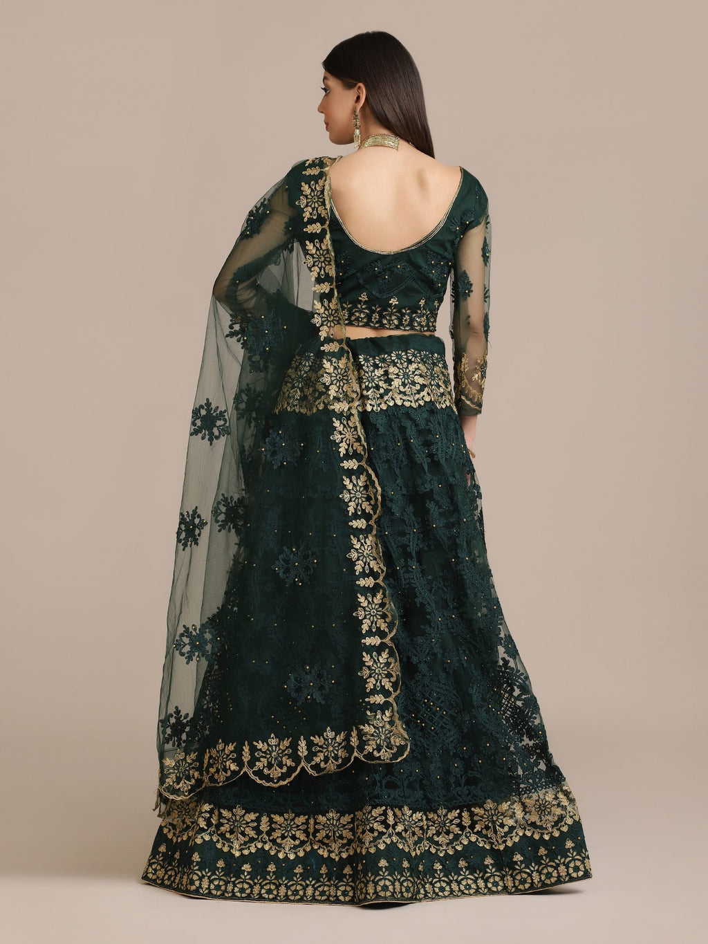 Green Net Embroidered Lehenga Choli with Dupatta Set Heavy Zari & Sequin Work for Bridal & Festive Wear