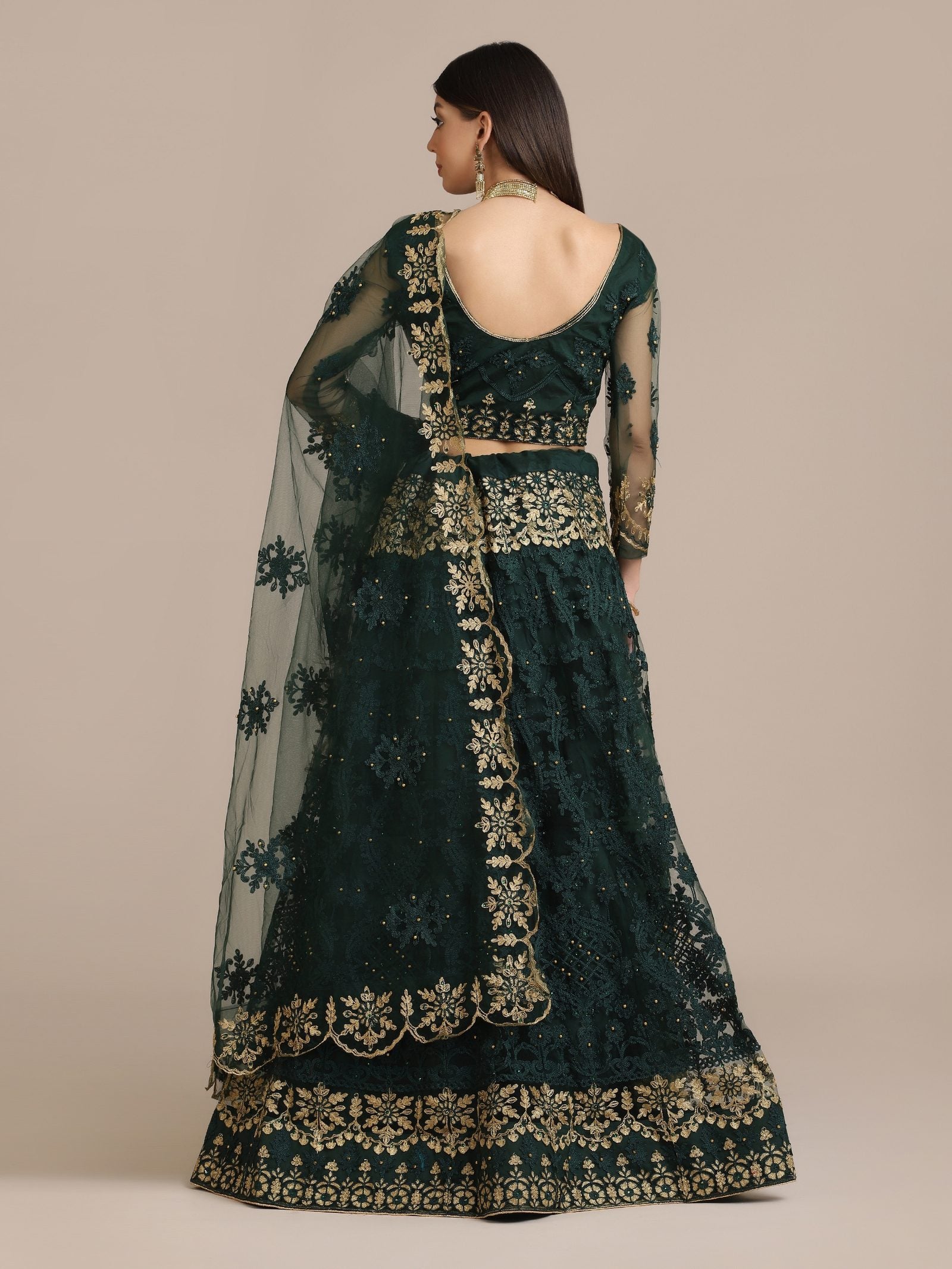 Green Net Embroidered Lehenga Choli with Dupatta Set Heavy Zari & Sequin Work for Bridal & Festive Wear