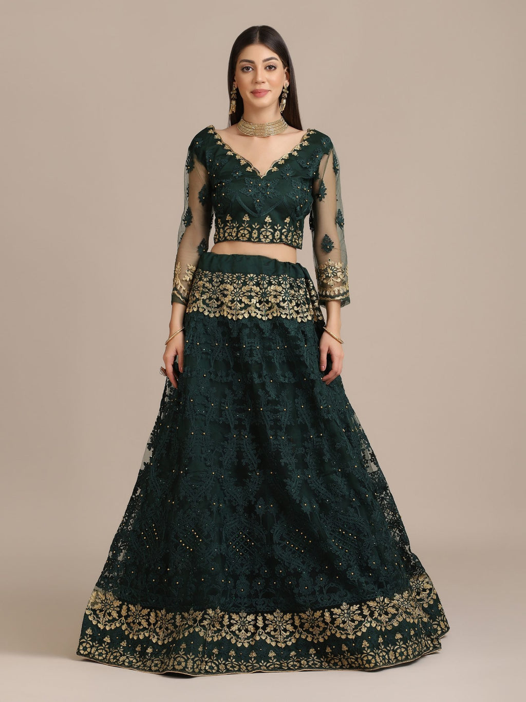 Green Net Embroidered Lehenga Choli with Dupatta Set Heavy Zari & Sequin Work for Bridal & Festive Wear