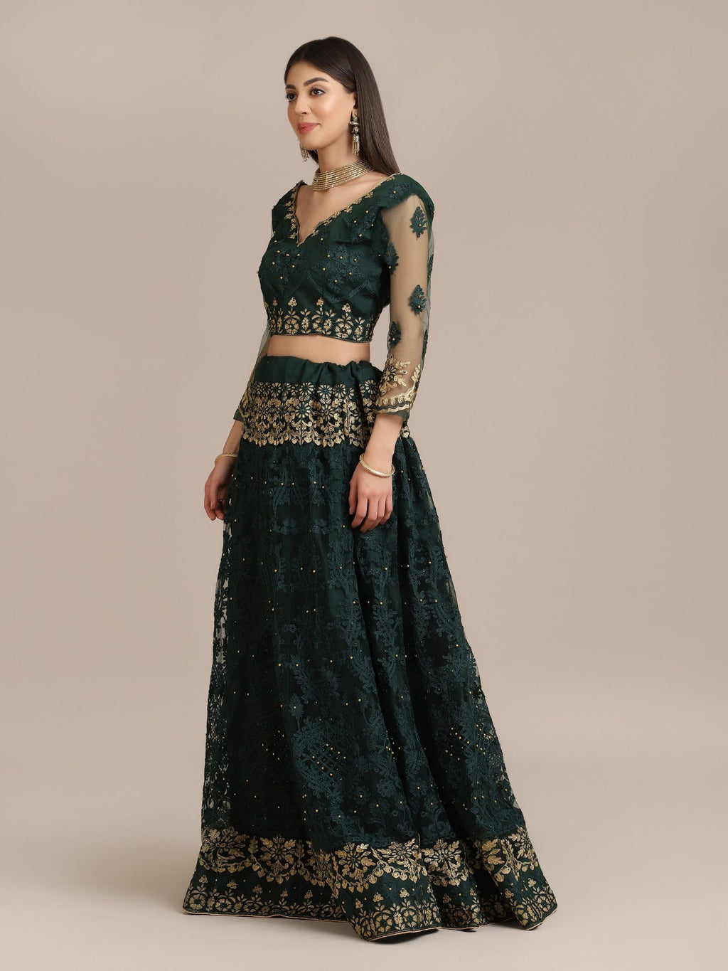 Green Net Embroidered Lehenga Choli with Dupatta Set Heavy Zari & Sequin Work for Bridal & Festive Wear