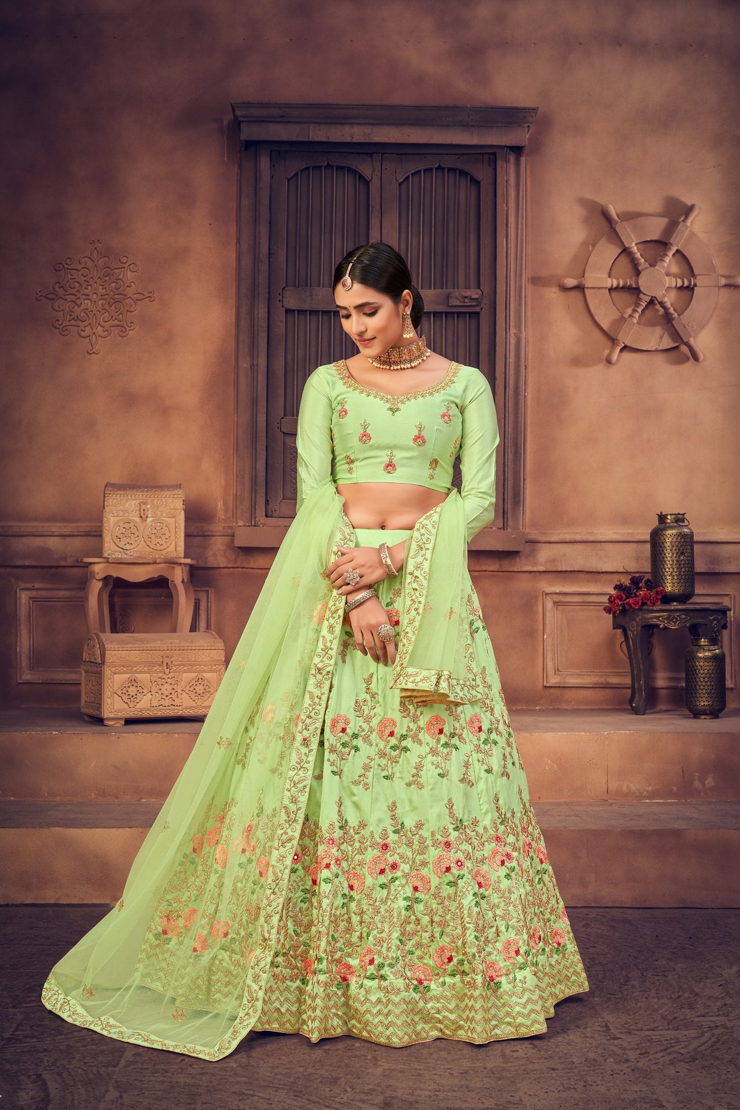 Mint Green Net Floral Embroidered Lehenga Choli with Dupatta Set Zari & Thread Work For Festive & Wedding Wear