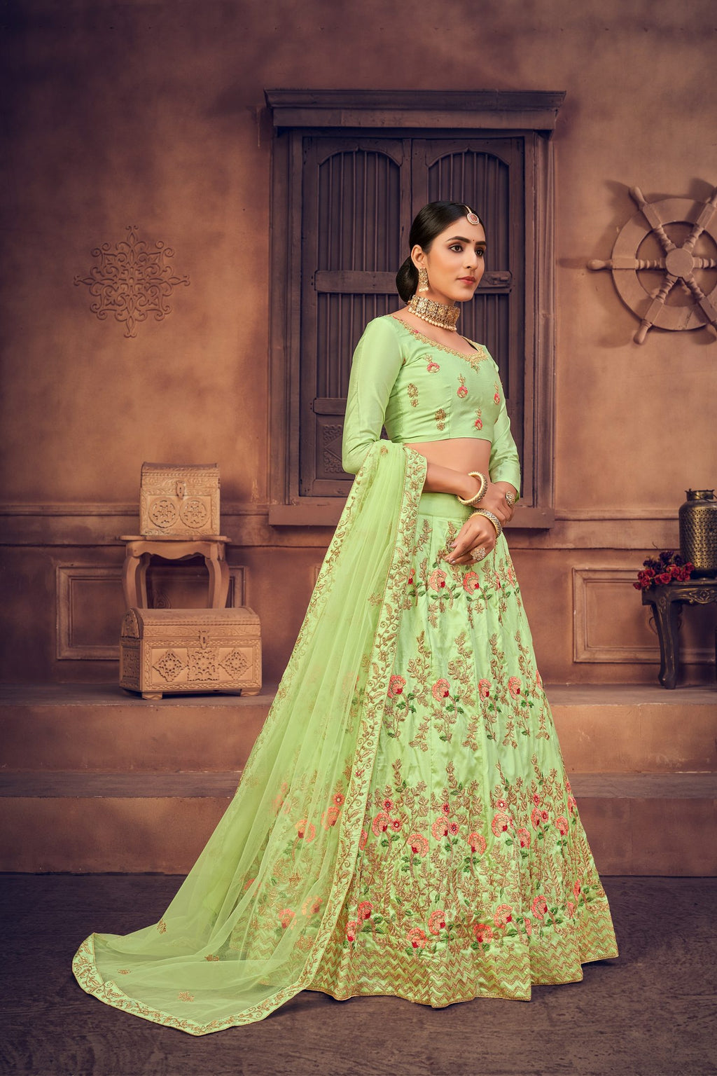 Mint Green Net Floral Embroidered Lehenga Choli with Dupatta Set Zari & Thread Work For Festive & Wedding Wear