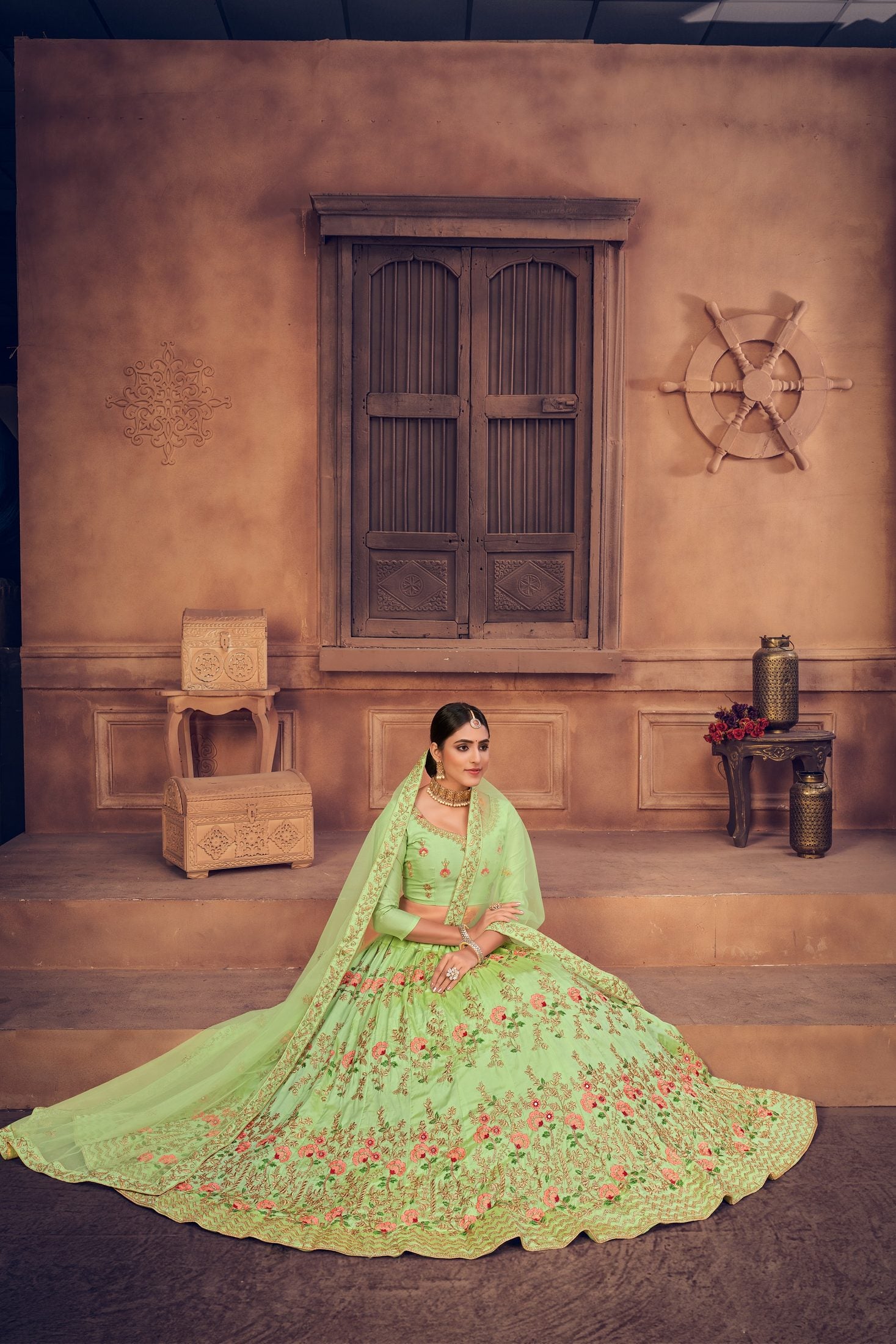 Mint Green Net Floral Embroidered Lehenga Choli with Dupatta Set Zari & Thread Work For Festive & Wedding Wear