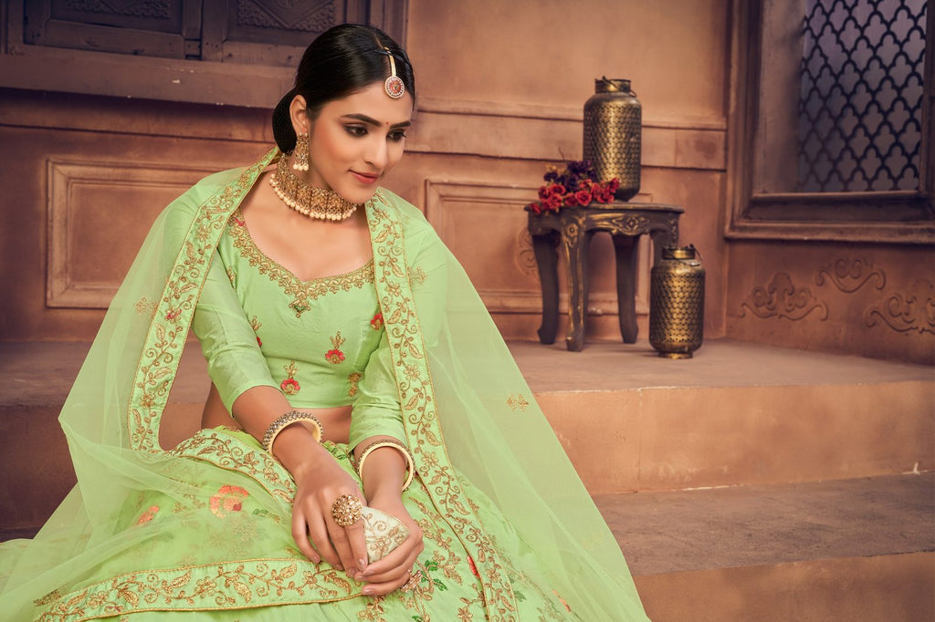 Mint Green Net Floral Embroidered Lehenga Choli with Dupatta Set Zari & Thread Work For Festive & Wedding Wear