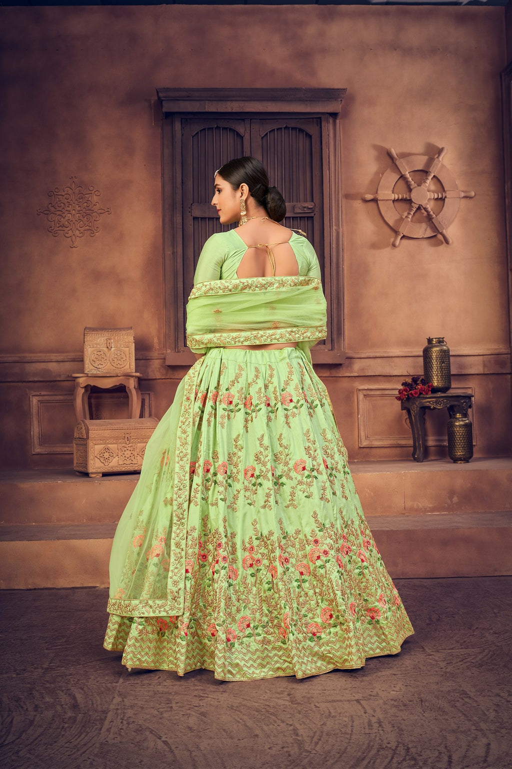 Mint Green Net Floral Embroidered Lehenga Choli with Dupatta Set Zari & Thread Work For Festive & Wedding Wear