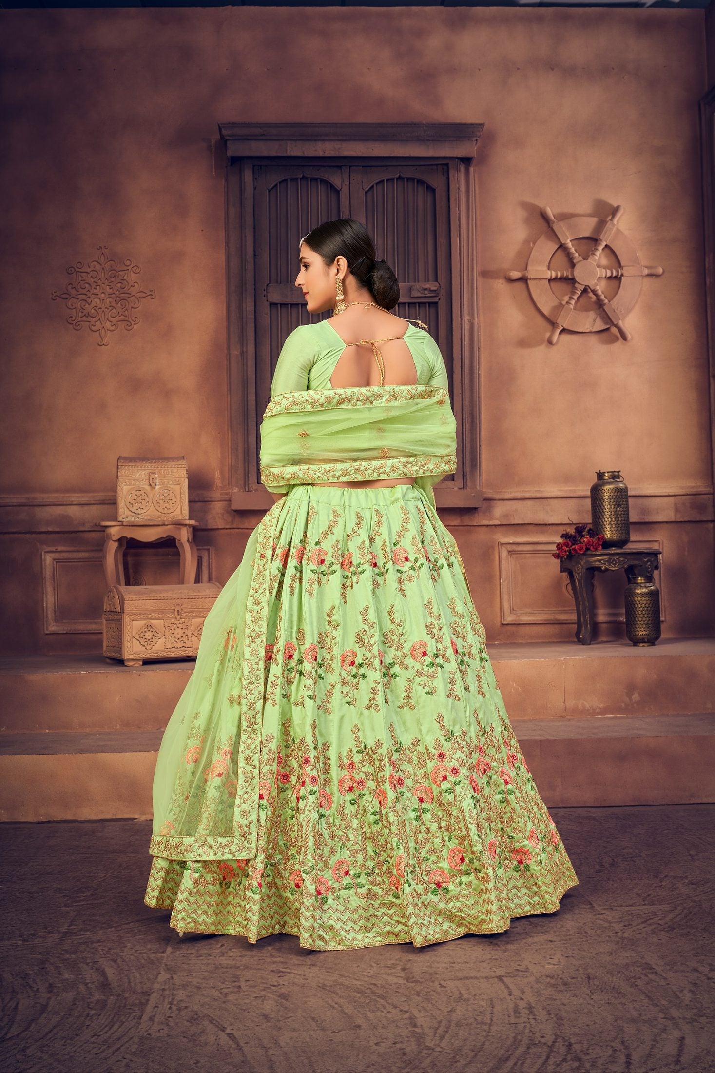Mint Green Net Floral Embroidered Lehenga Choli with Dupatta Set Zari & Thread Work For Festive & Wedding Wear