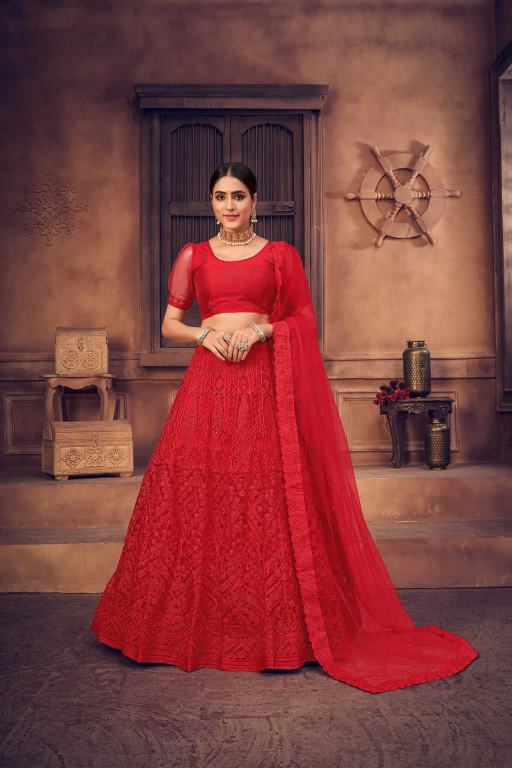 Red Net Embroidered Lehenga Choli Set Heavy Zari & Thread Work For Bridal & Festive Wear Semi-Stitched