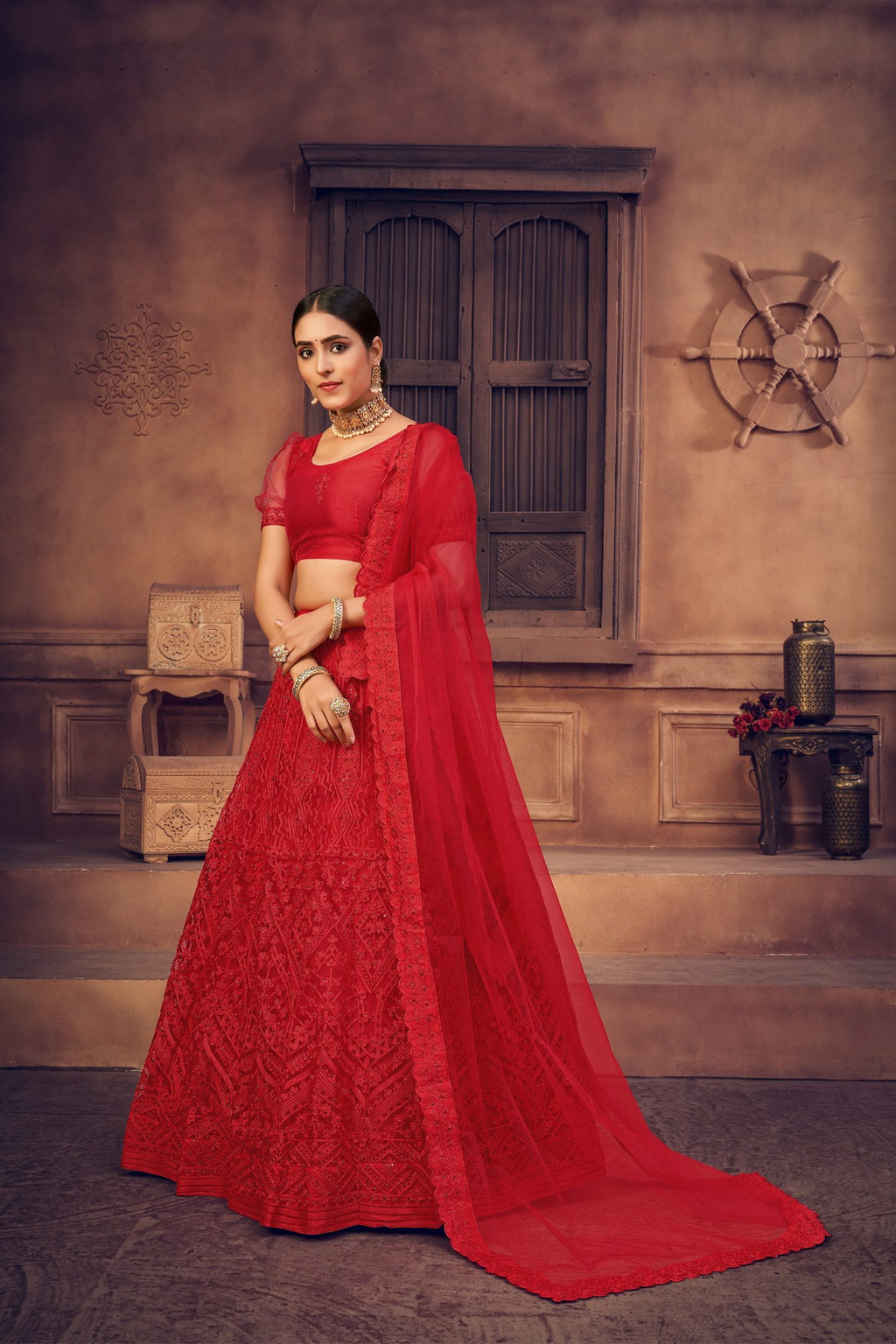 Red Net Embroidered Lehenga Choli Set Heavy Zari & Thread Work For Bridal & Festive Wear Semi-Stitched